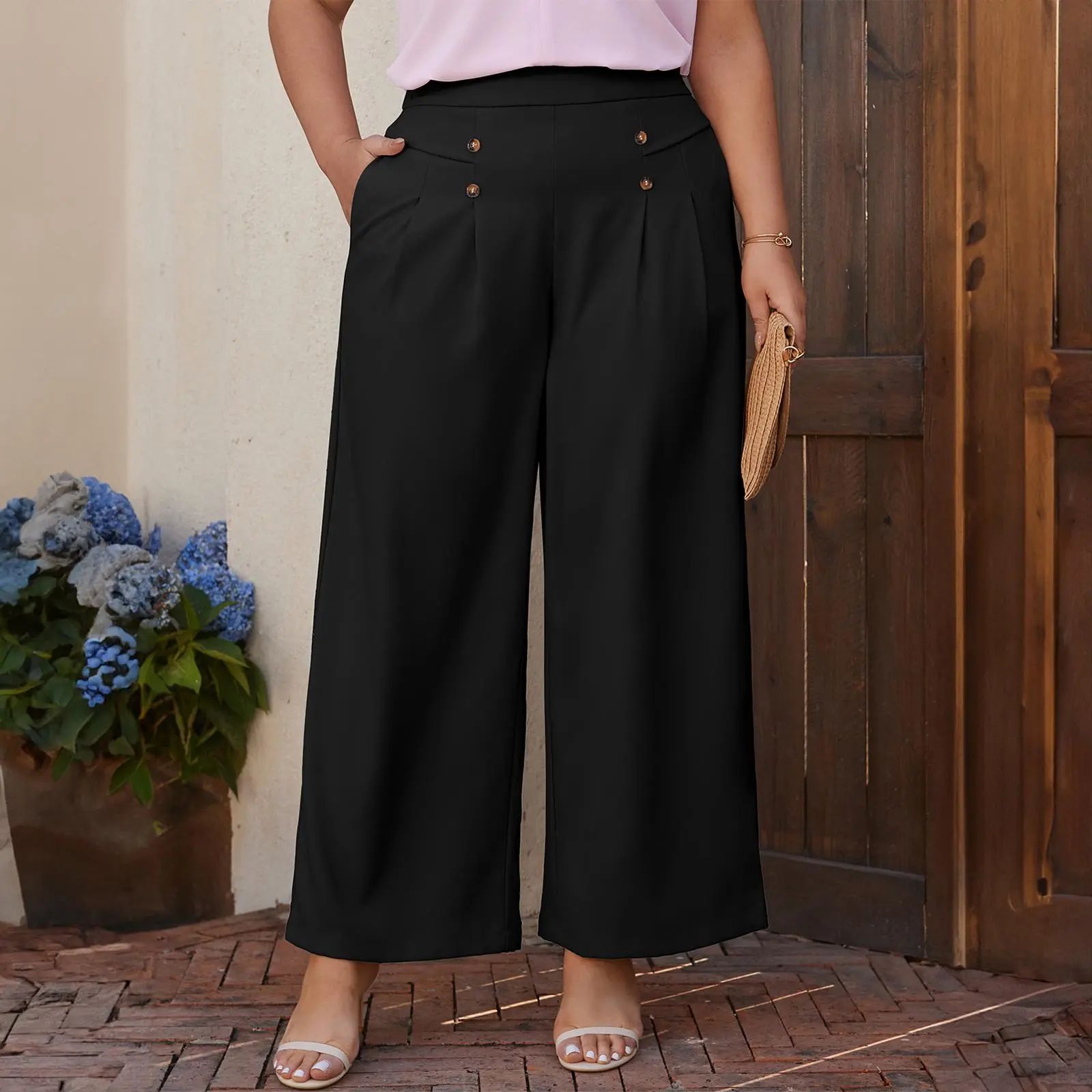 Womens Plus Size Wide Leg Dress Pants High Waisted Pleated Business