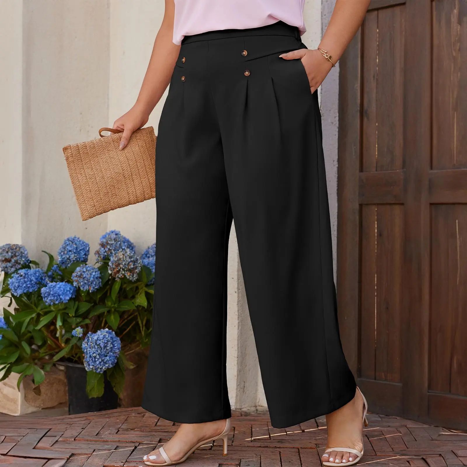 Womens Plus Size Wide Leg Dress Pants High Waisted Pleated Business