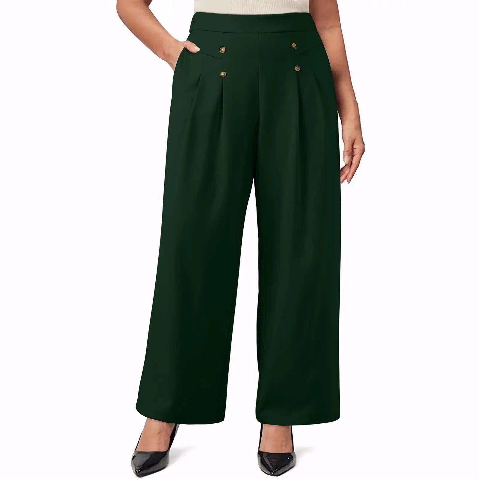 Womens Plus Size Wide Leg Dress Pants High Waisted Pleated Business