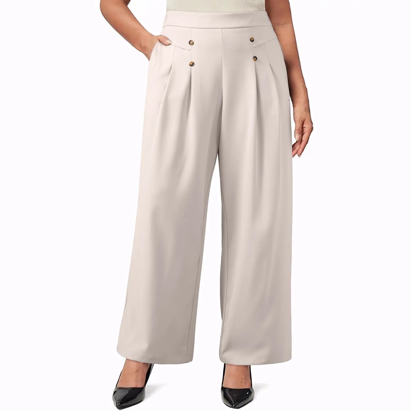 Womens Plus Size Wide Leg Dress Pants High Waisted Pleated Business