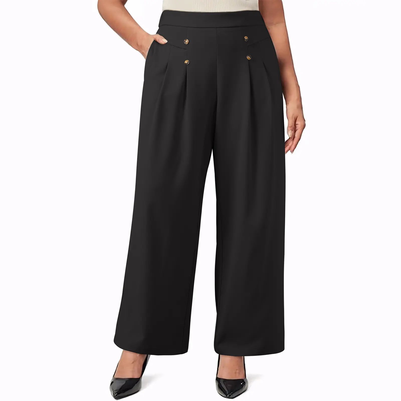 Womens Plus Size Wide Leg Dress Pants High Waisted Pleated Business
