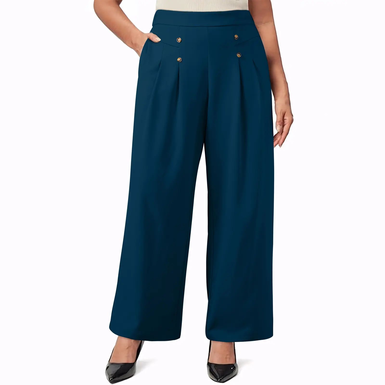 Womens Plus Size Wide Leg Dress Pants High Waisted Pleated Business