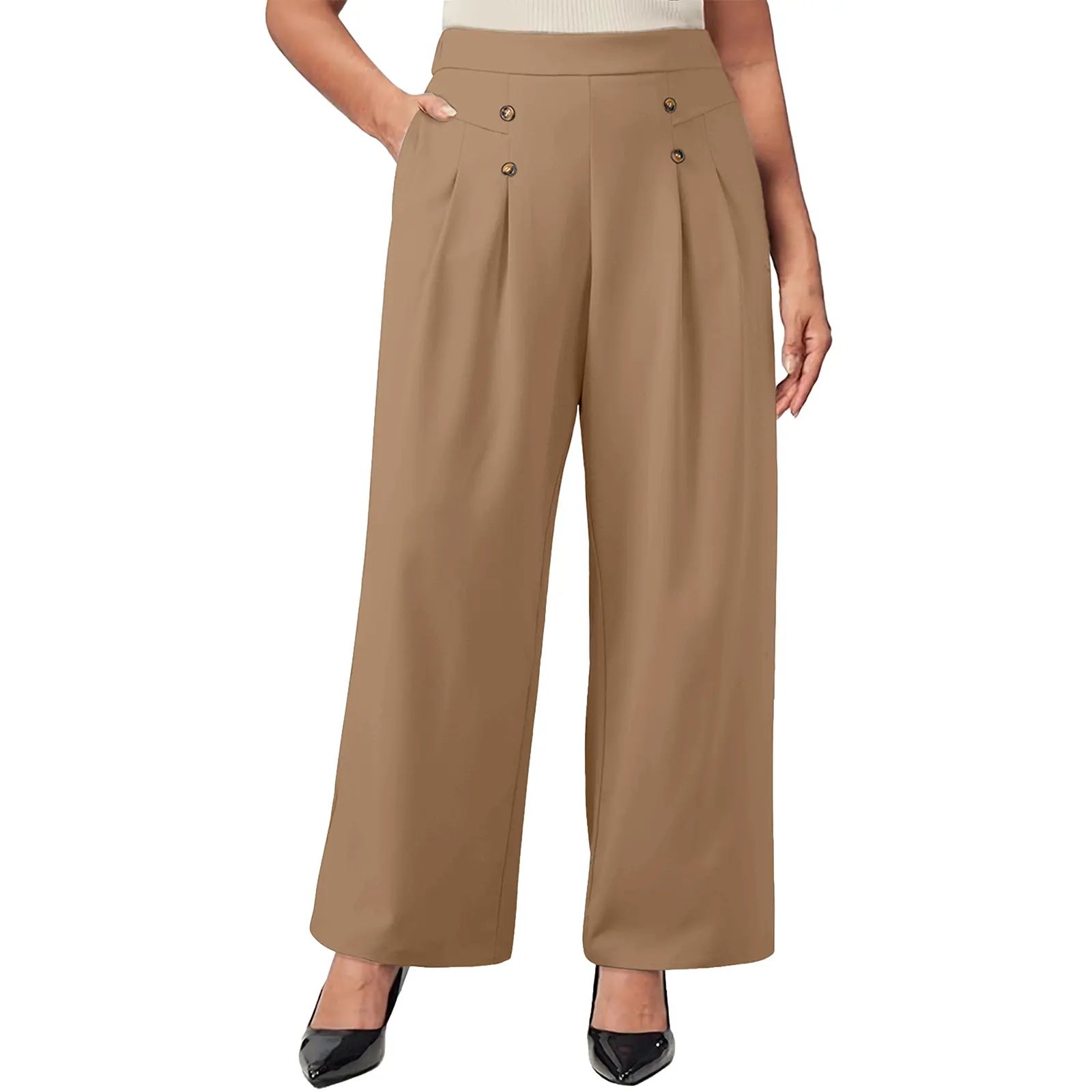 Womens Plus Size Wide Leg Dress Pants High Waisted Pleated Business