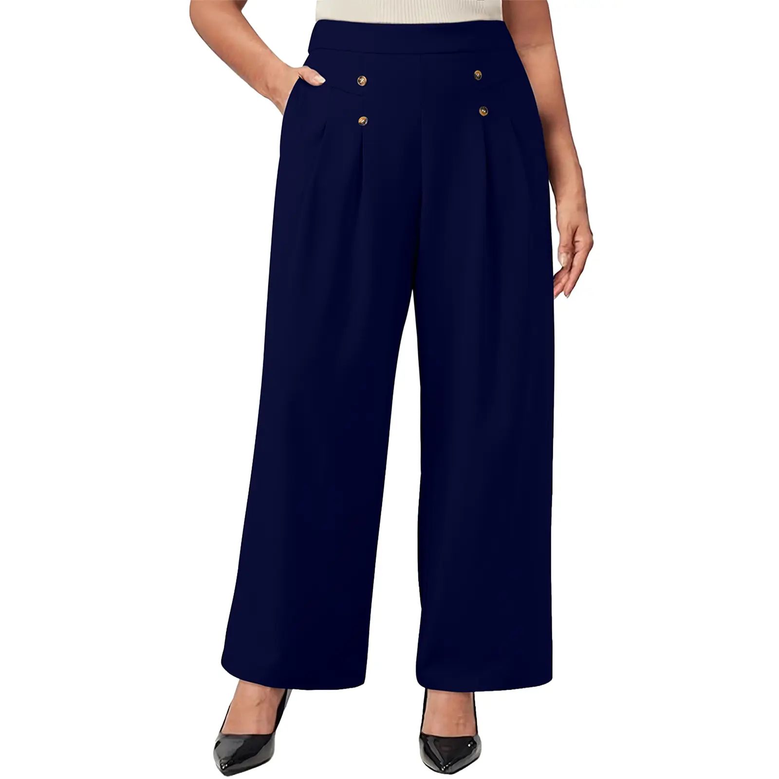 Womens Plus Size Wide Leg Dress Pants High Waisted Pleated Business