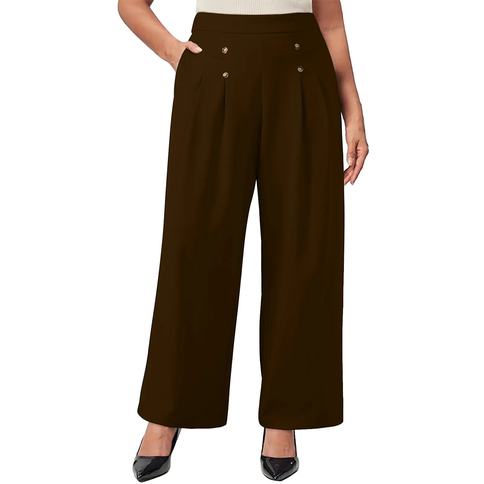 Womens Plus Size Wide Leg Dress Pants High Waisted Pleated Business