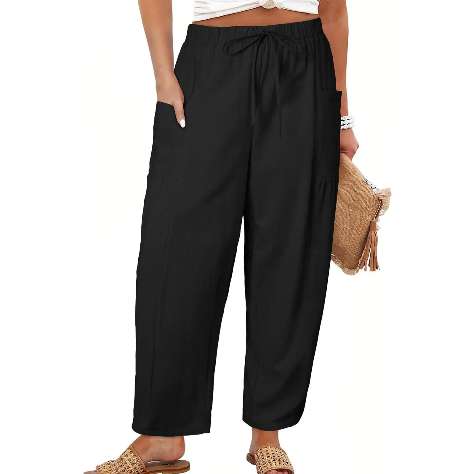Womens Plus Size Wide Leg Pants Elastic Waist Drawstring