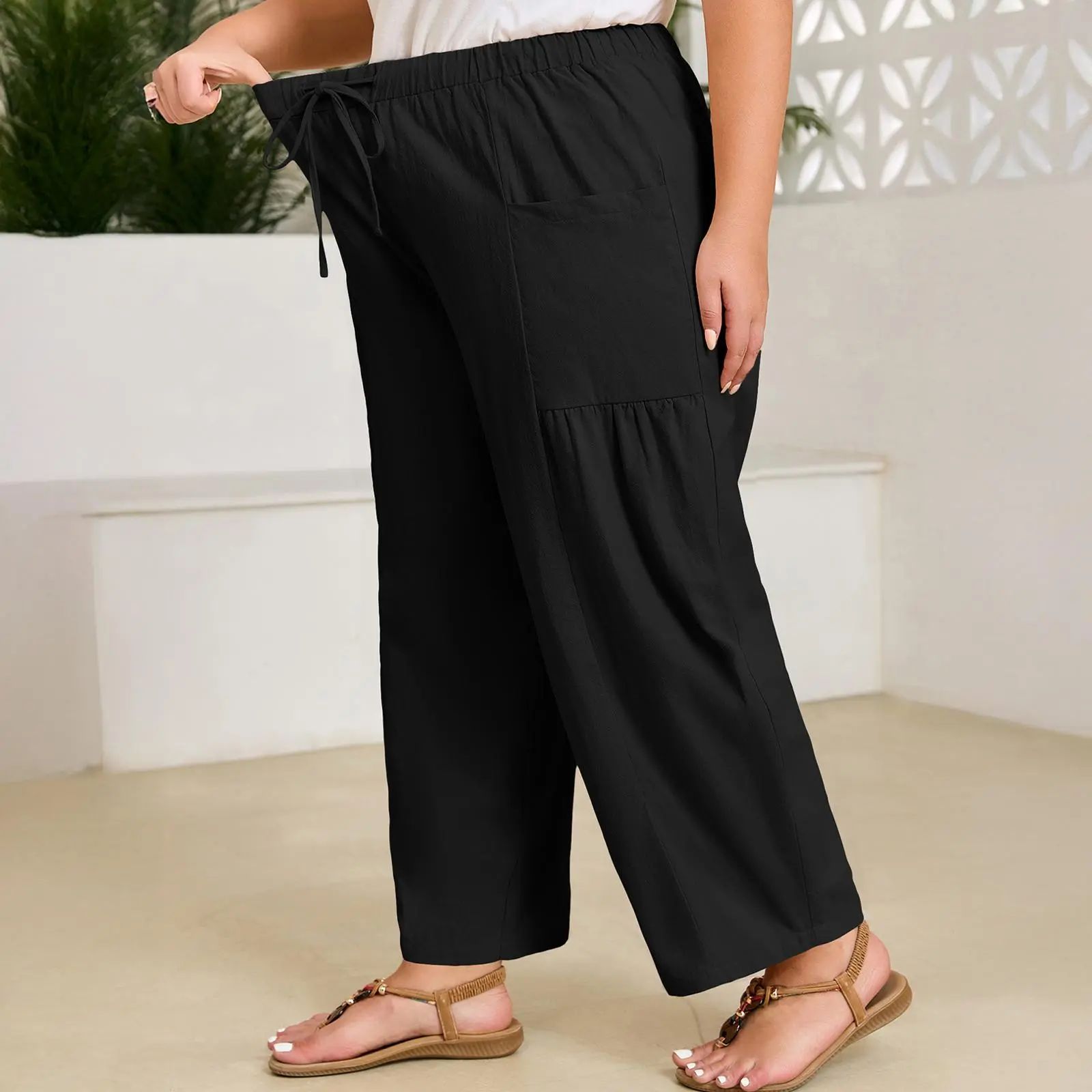 Womens Plus Size Wide Leg Pants Elastic Waist Drawstring