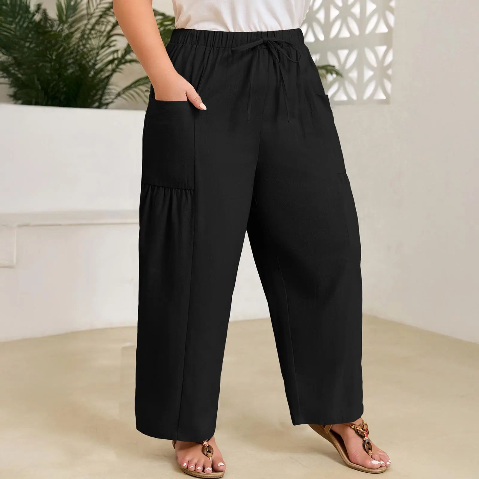 Womens Plus Size Wide Leg Pants Elastic Waist Drawstring