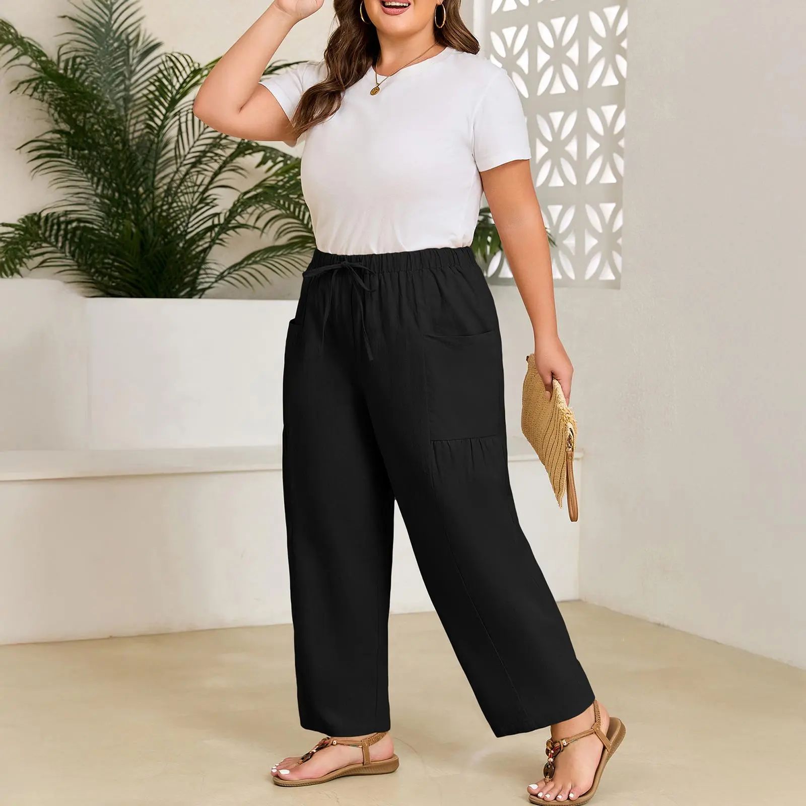 Womens Plus Size Wide Leg Pants Elastic Waist Drawstring