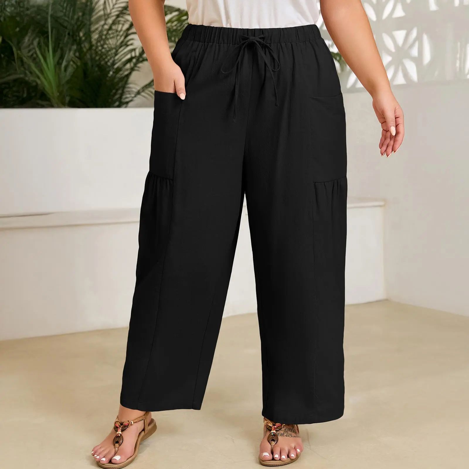 Womens Plus Size Wide Leg Pants Elastic Waist Drawstring