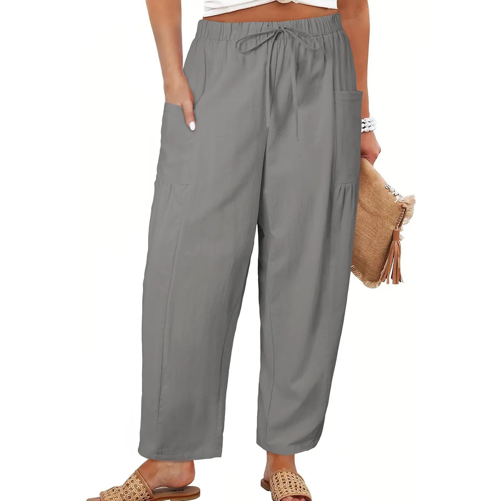 Womens Plus Size Wide Leg Pants Elastic Waist Drawstring