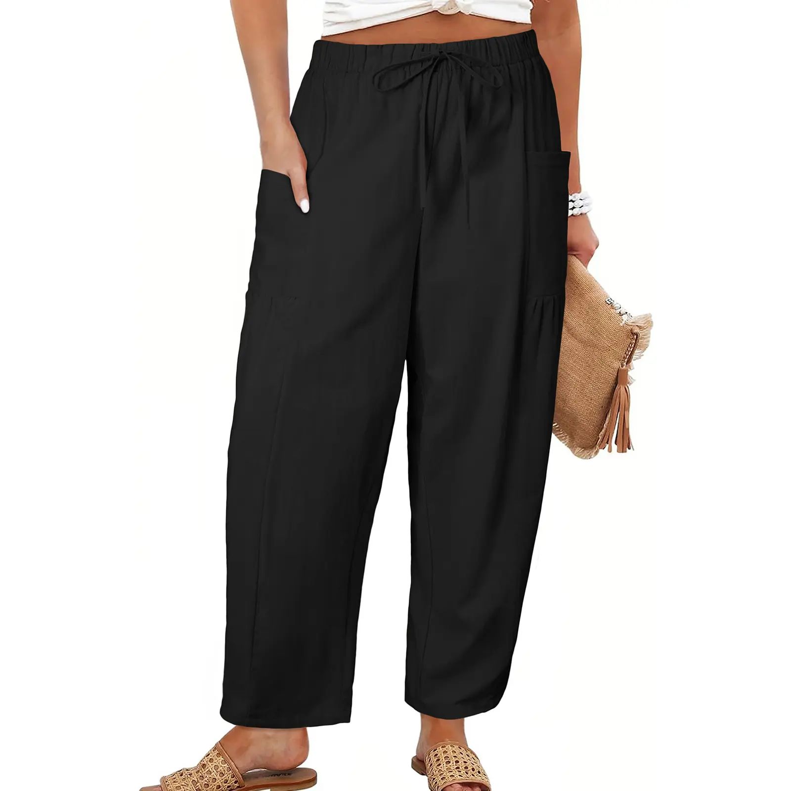 Womens Plus Size Wide Leg Pants Elastic Waist Drawstring