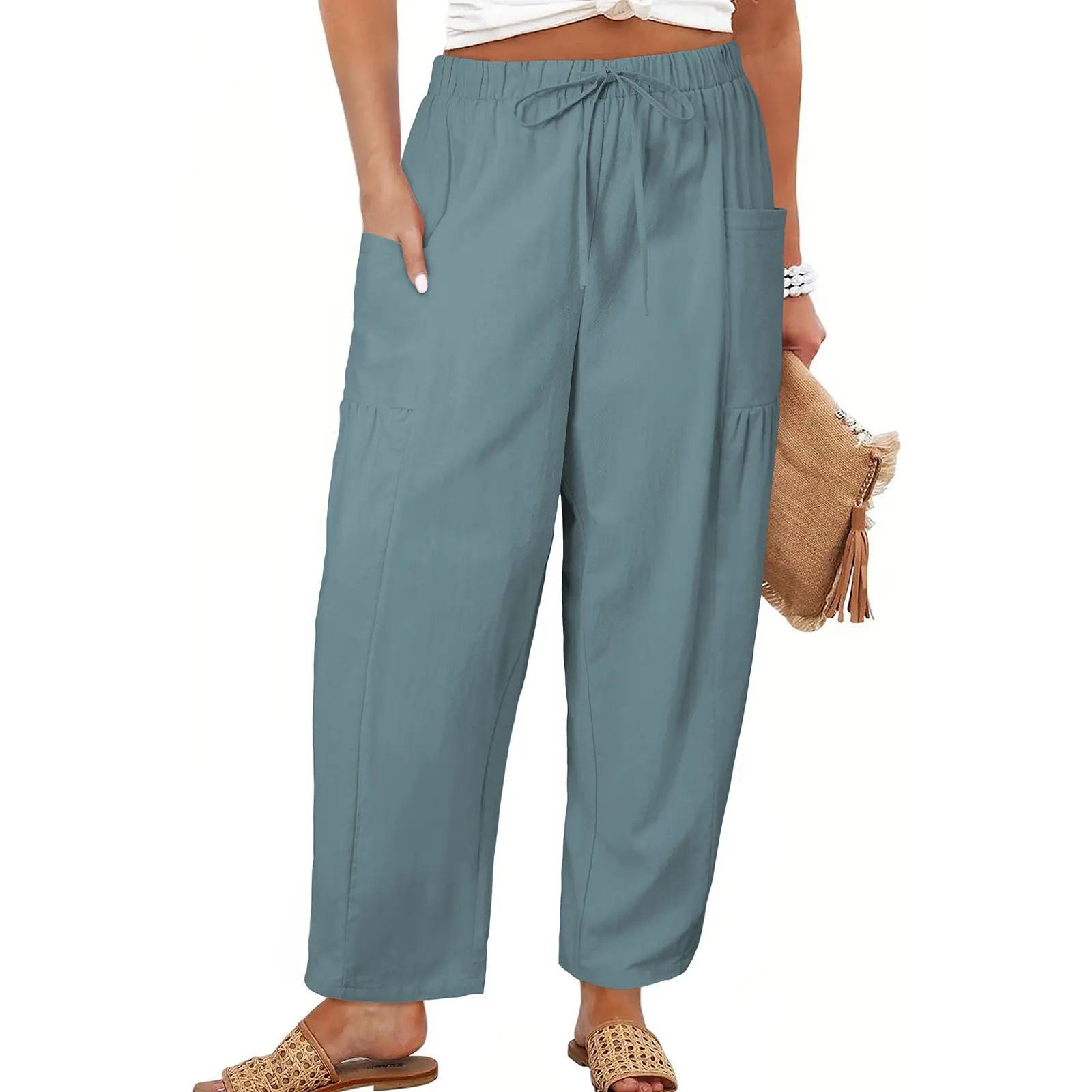 Womens Plus Size Wide Leg Pants Elastic Waist Drawstring