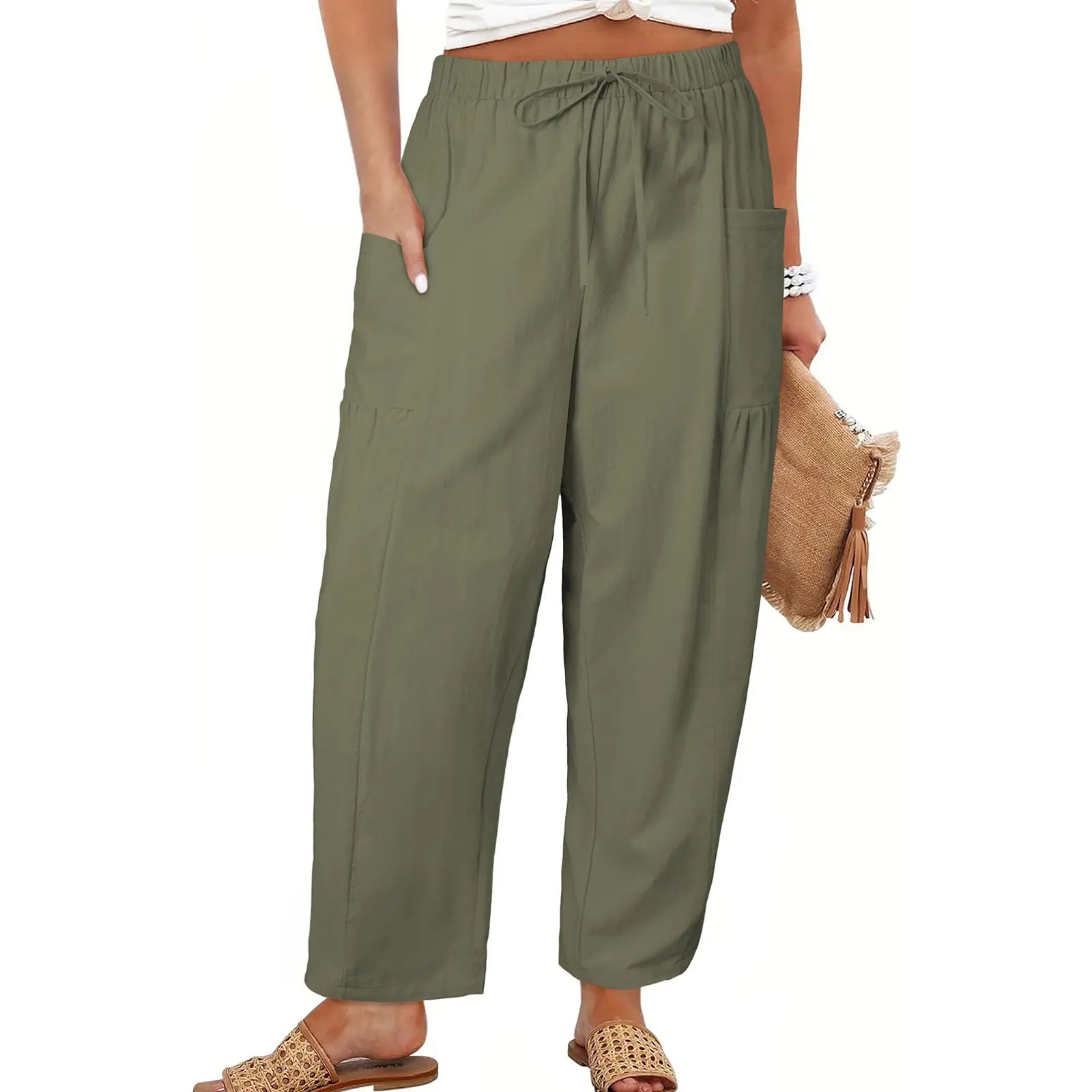 Womens Plus Size Wide Leg Pants Elastic Waist Drawstring