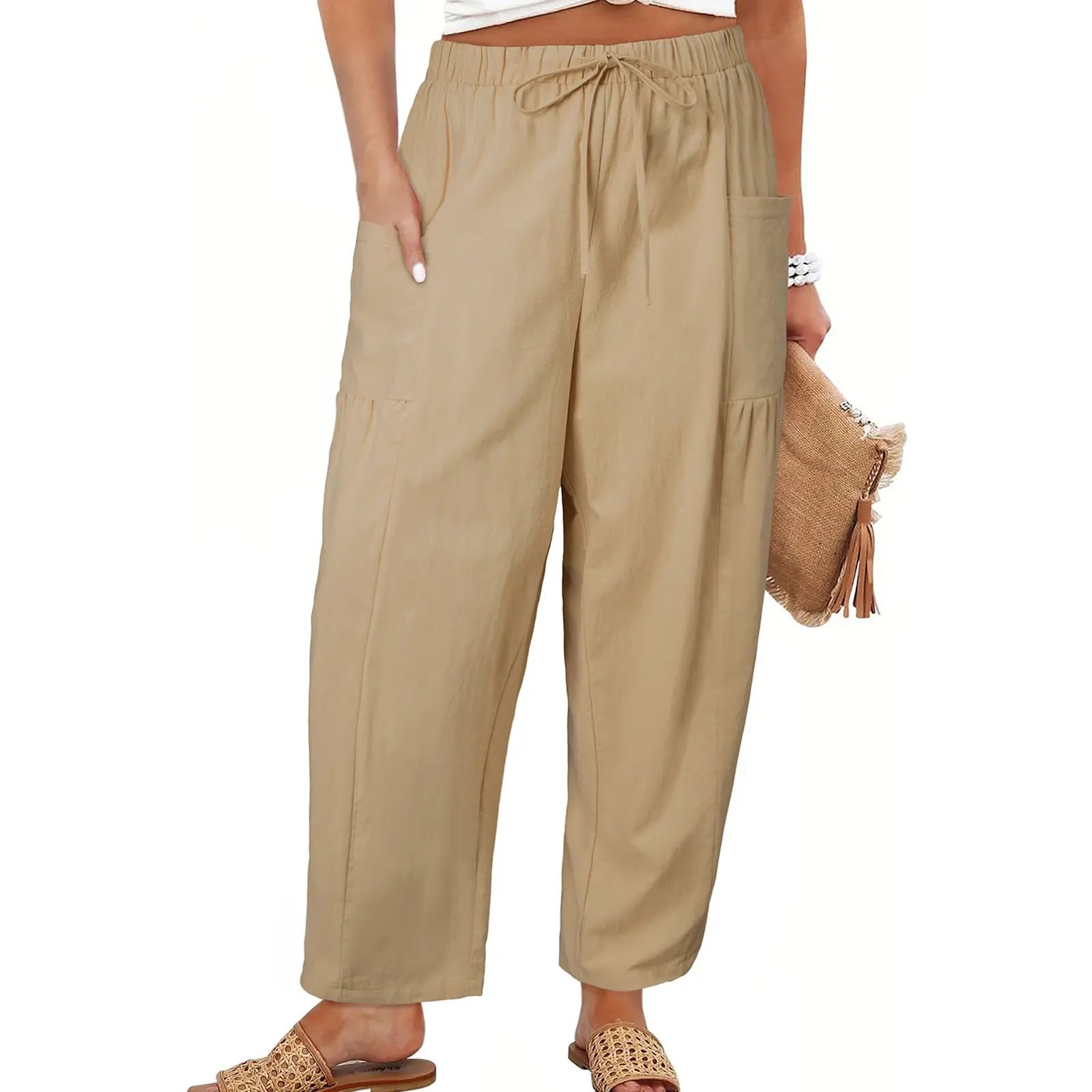 Womens Plus Size Wide Leg Pants Elastic Waist Drawstring