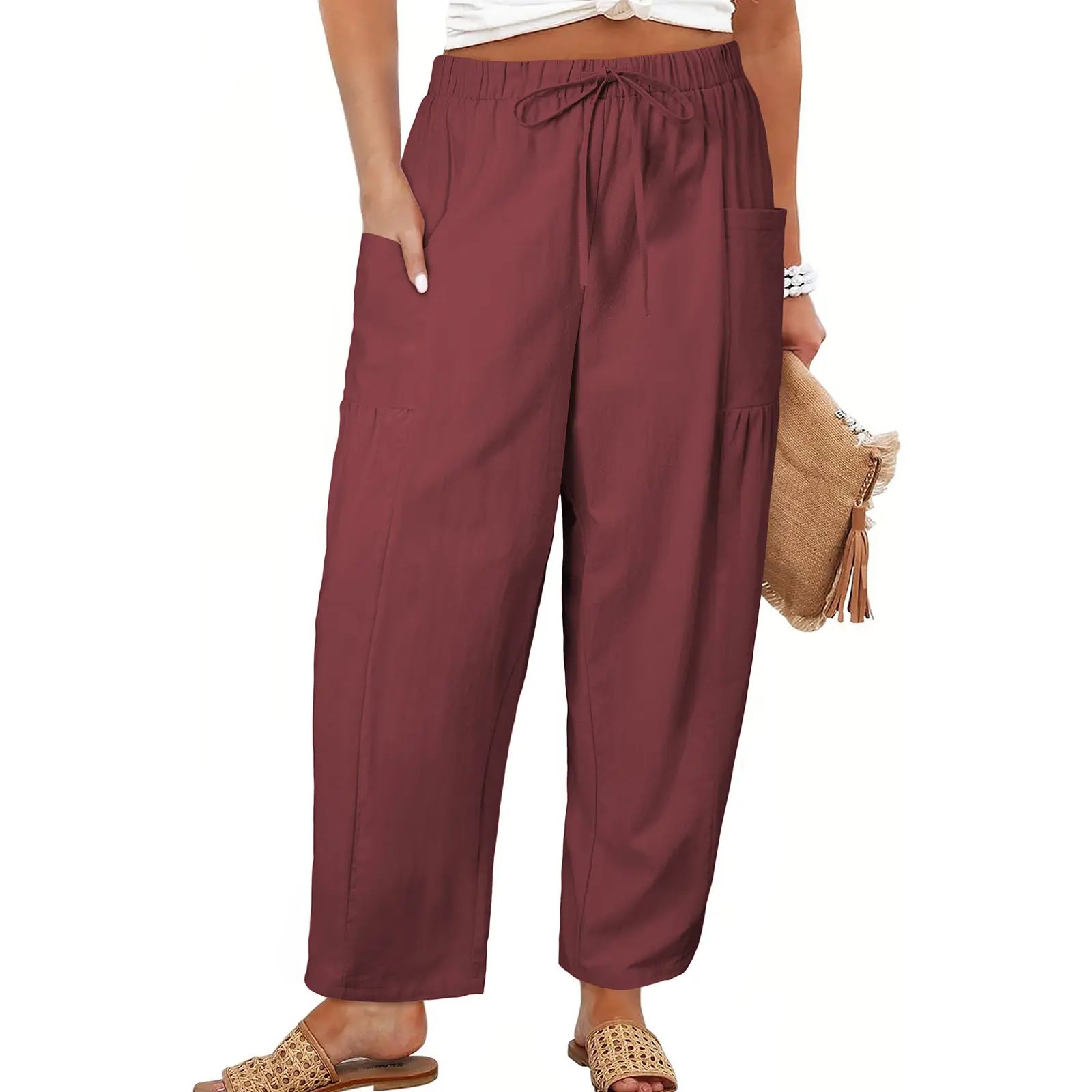 Womens Plus Size Wide Leg Pants Elastic Waist Drawstring
