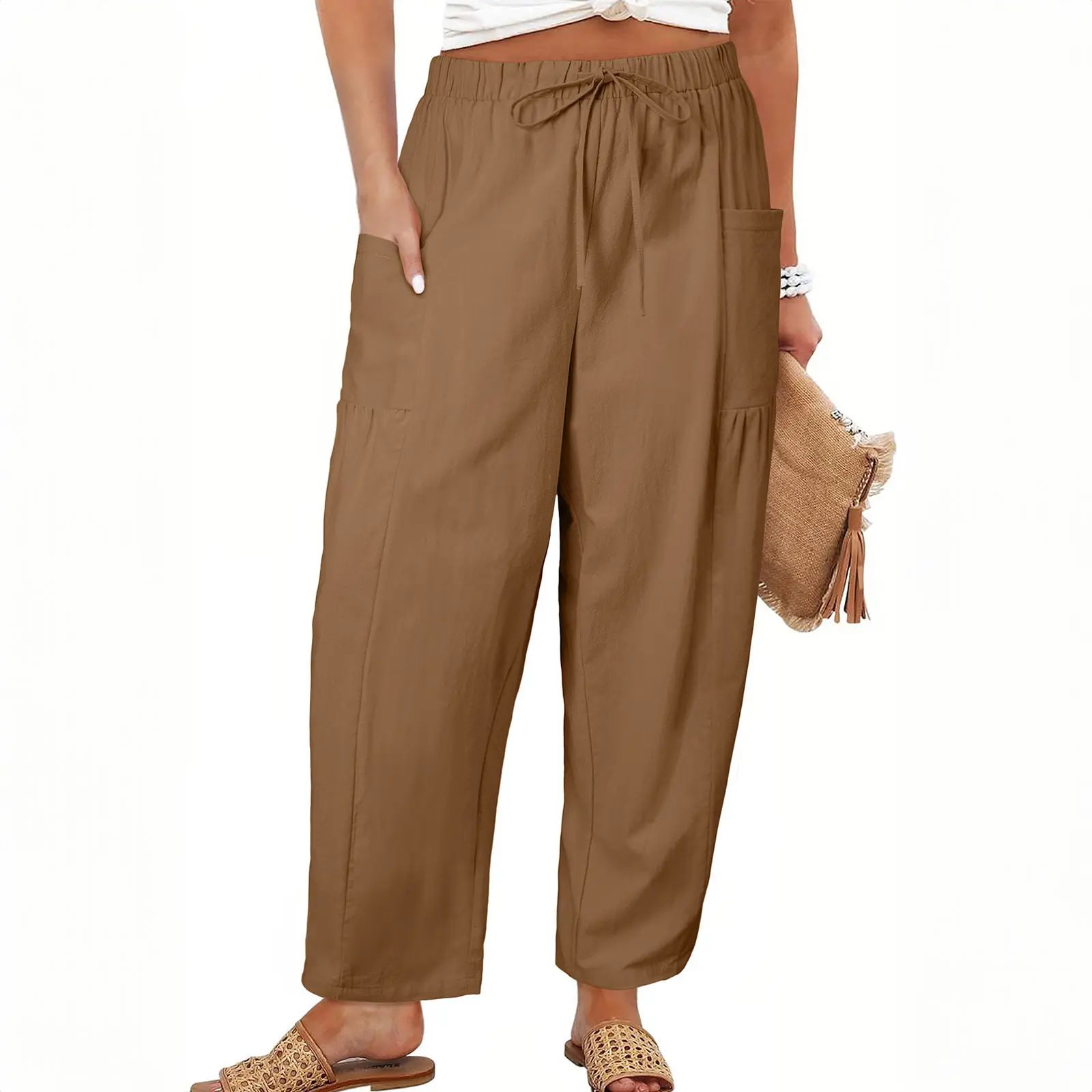 Womens Plus Size Wide Leg Pants Elastic Waist Drawstring