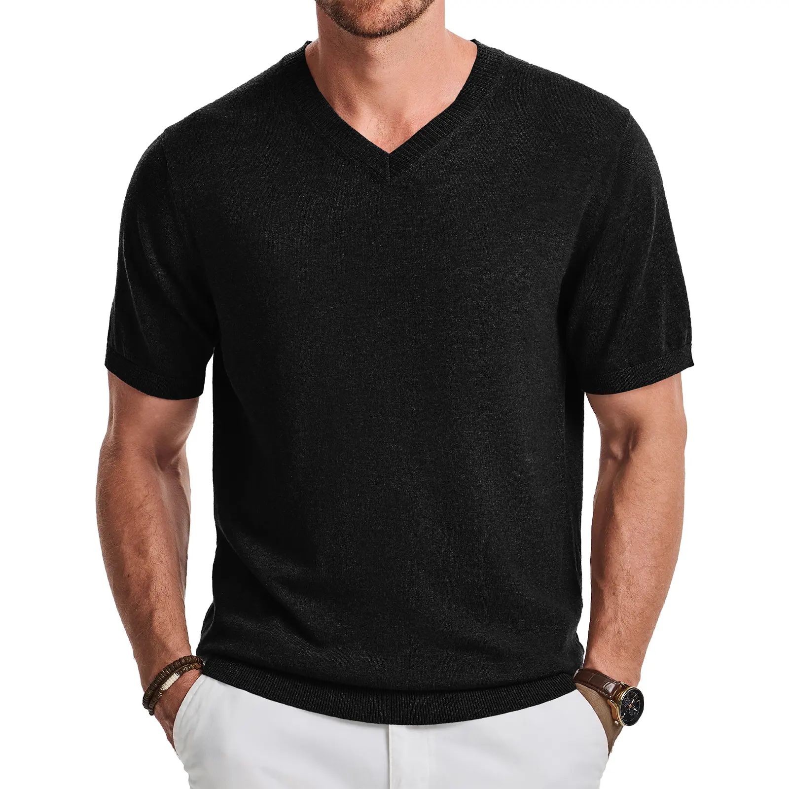 Men's Wool Blend Short Sleeve V-Neck Sweater Soft Textured Knit Pullover