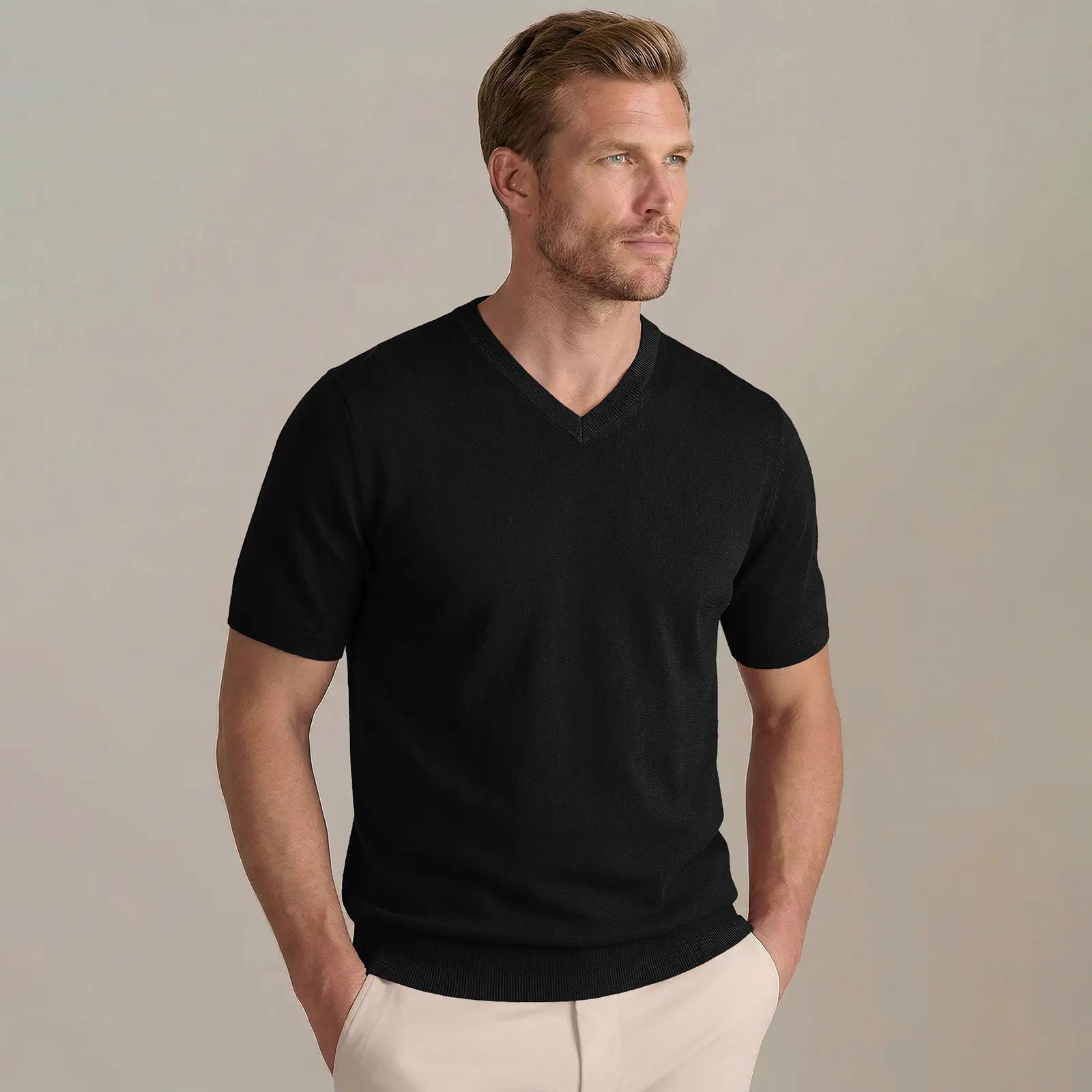 Men's Wool Blend Short Sleeve V-Neck Sweater Soft Textured Knit Pullover