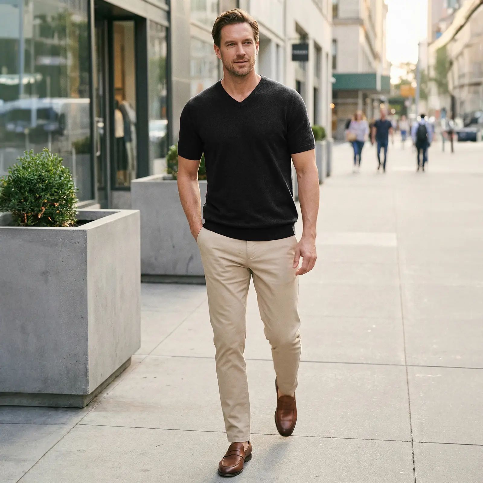Men's Wool Blend Short Sleeve V-Neck Sweater Soft Textured Knit Pullover