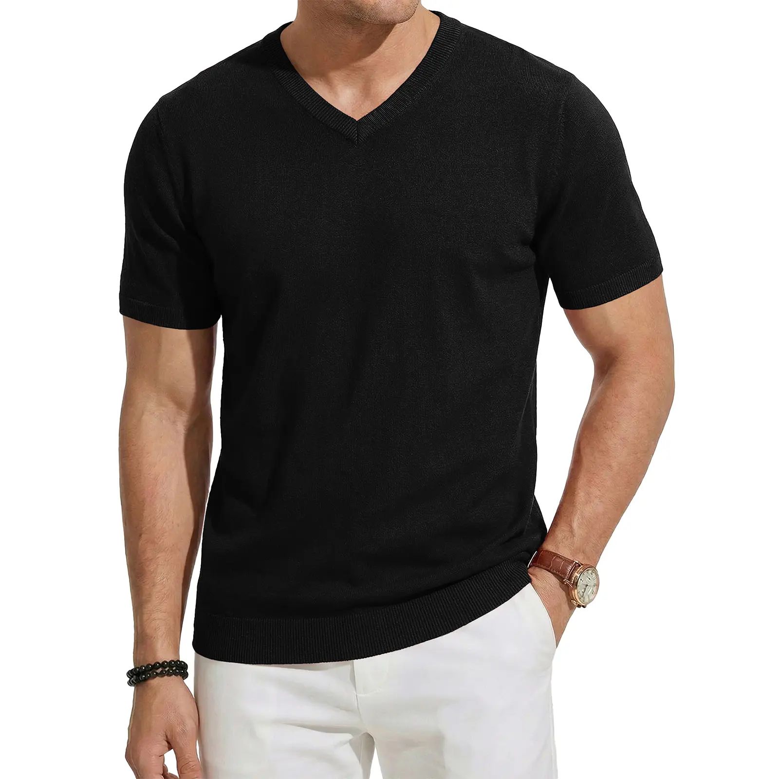 Men's Wool Blend Short Sleeve V-Neck Sweater Soft Textured Knit Pullover
