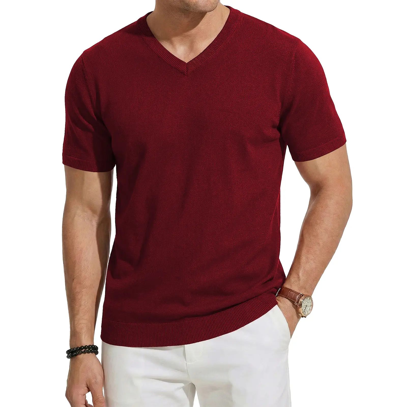 Men's Wool Blend Short Sleeve V-Neck Sweater Soft Textured Knit Pullover
