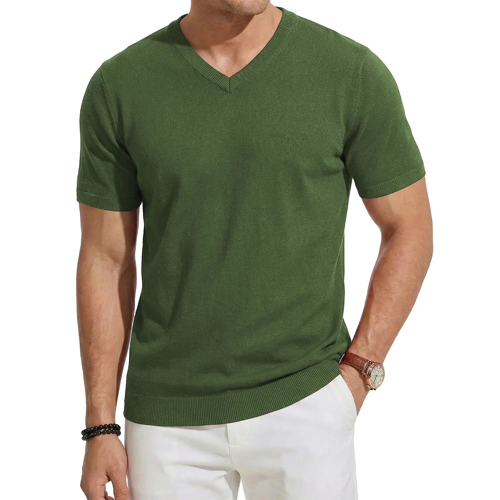 Men's Wool Blend Short Sleeve V-Neck Sweater Soft Textured Knit Pullover