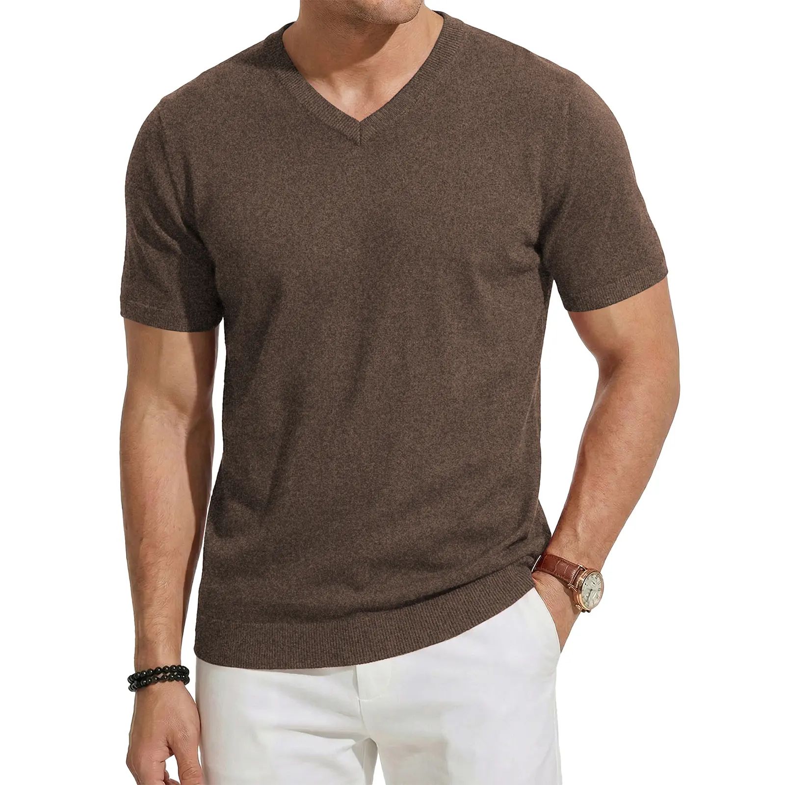 Men's Wool Blend Short Sleeve V-Neck Sweater Soft Textured Knit Pullover