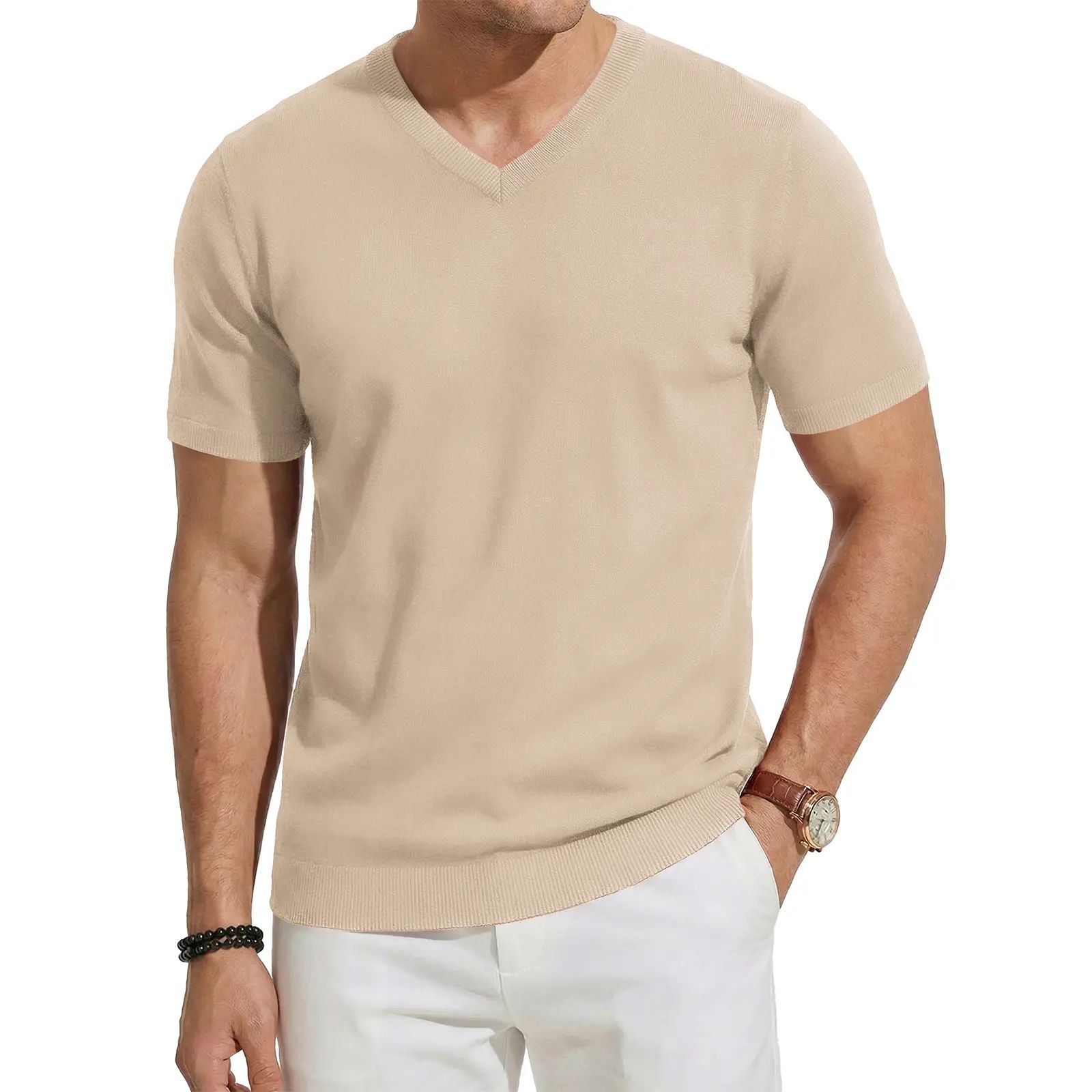 Men's Wool Blend Short Sleeve V-Neck Sweater Soft Textured Knit Pullover