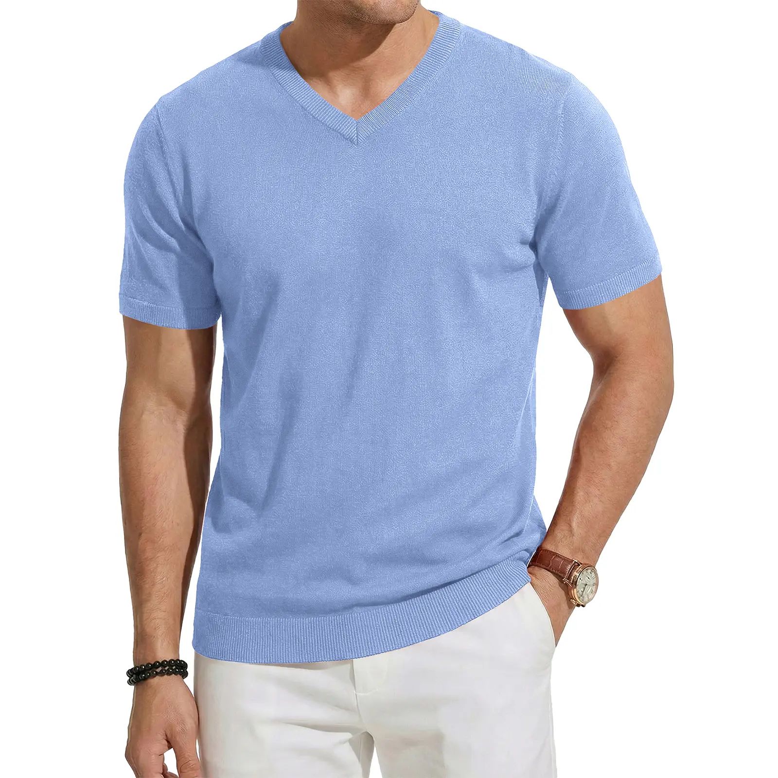Men's Wool Blend Short Sleeve V-Neck Sweater Soft Textured Knit Pullover