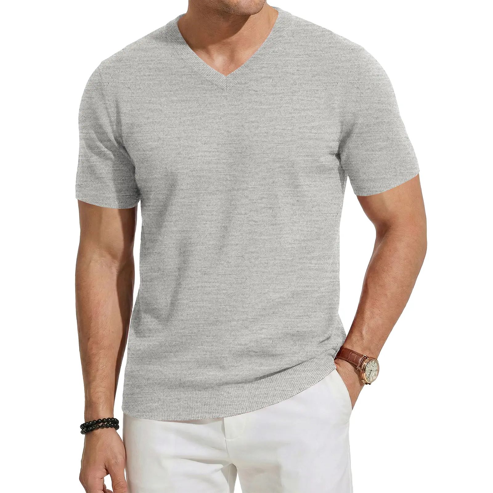 Men's Wool Blend Short Sleeve V-Neck Sweater Soft Textured Knit Pullover