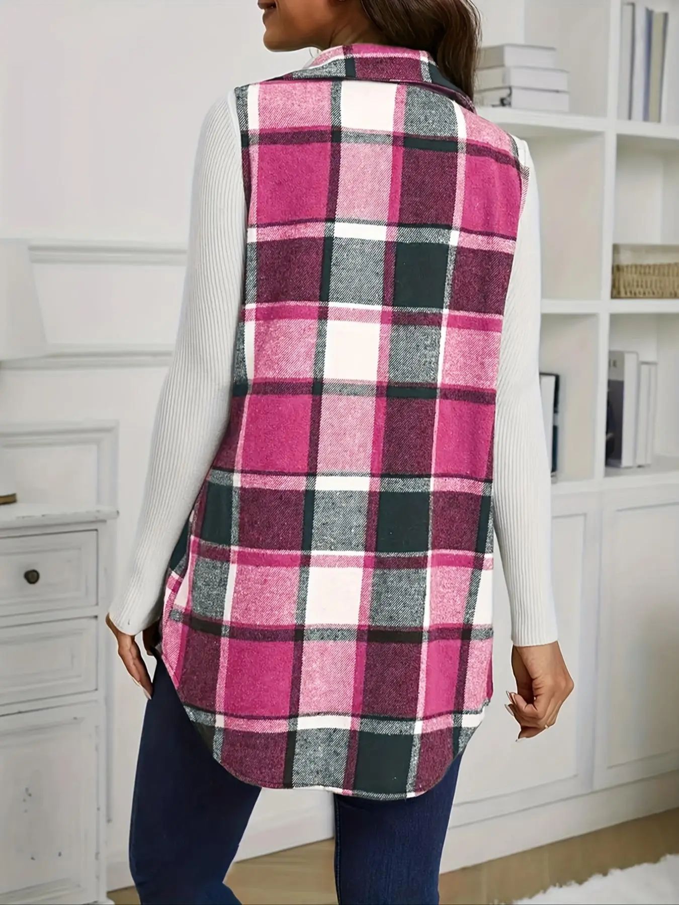 Women's Plaid-Print Button-Front Fitted Vest Coat Tops