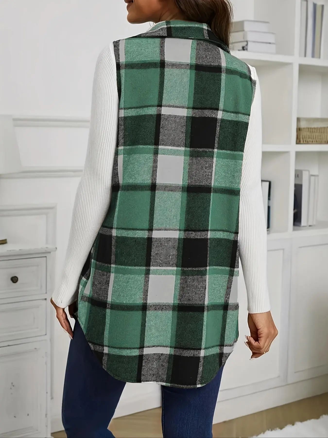 Women's Plaid-Print Button-Front Fitted Vest Coat Tops