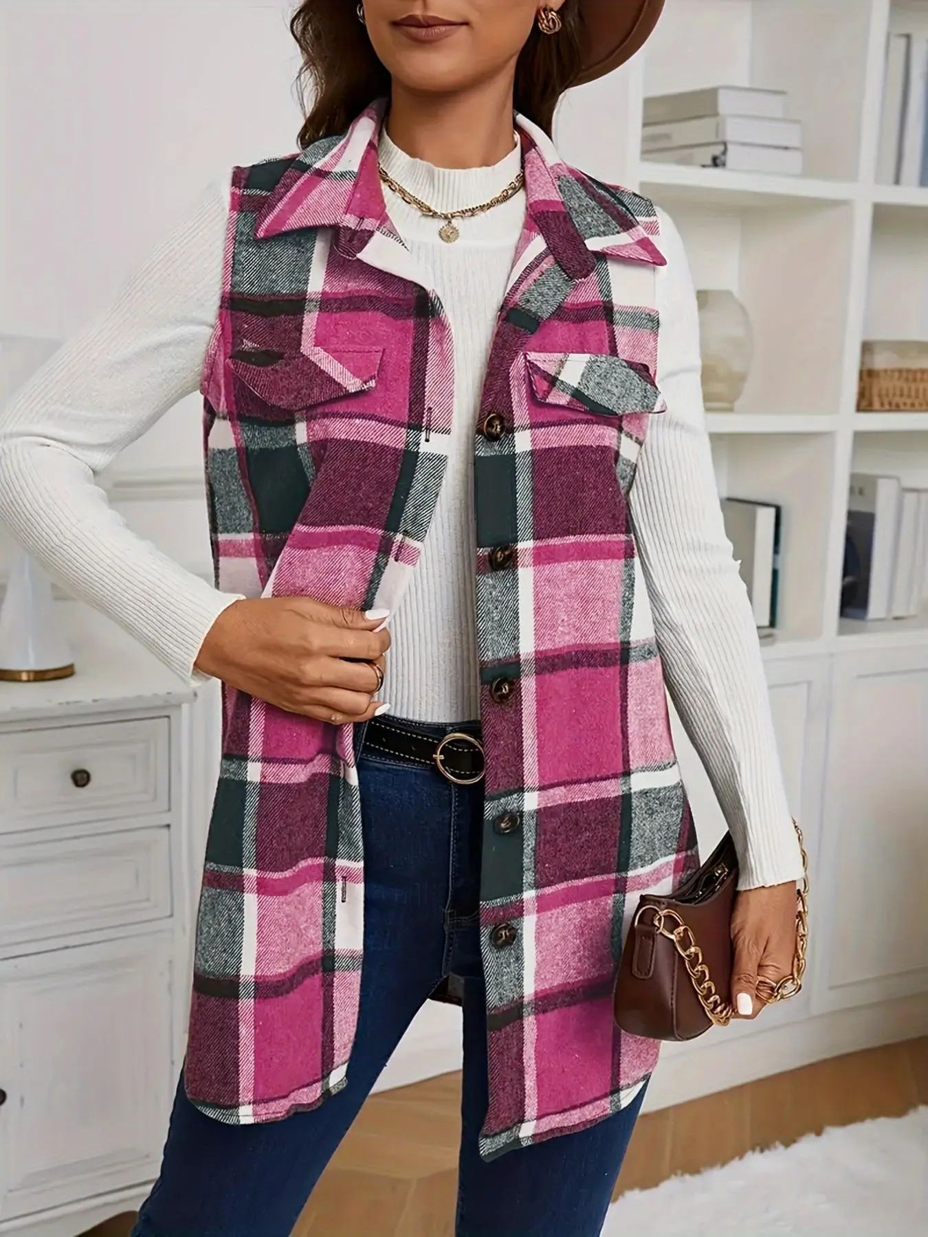 Women's Plaid-Print Button-Front Fitted Vest Coat Tops