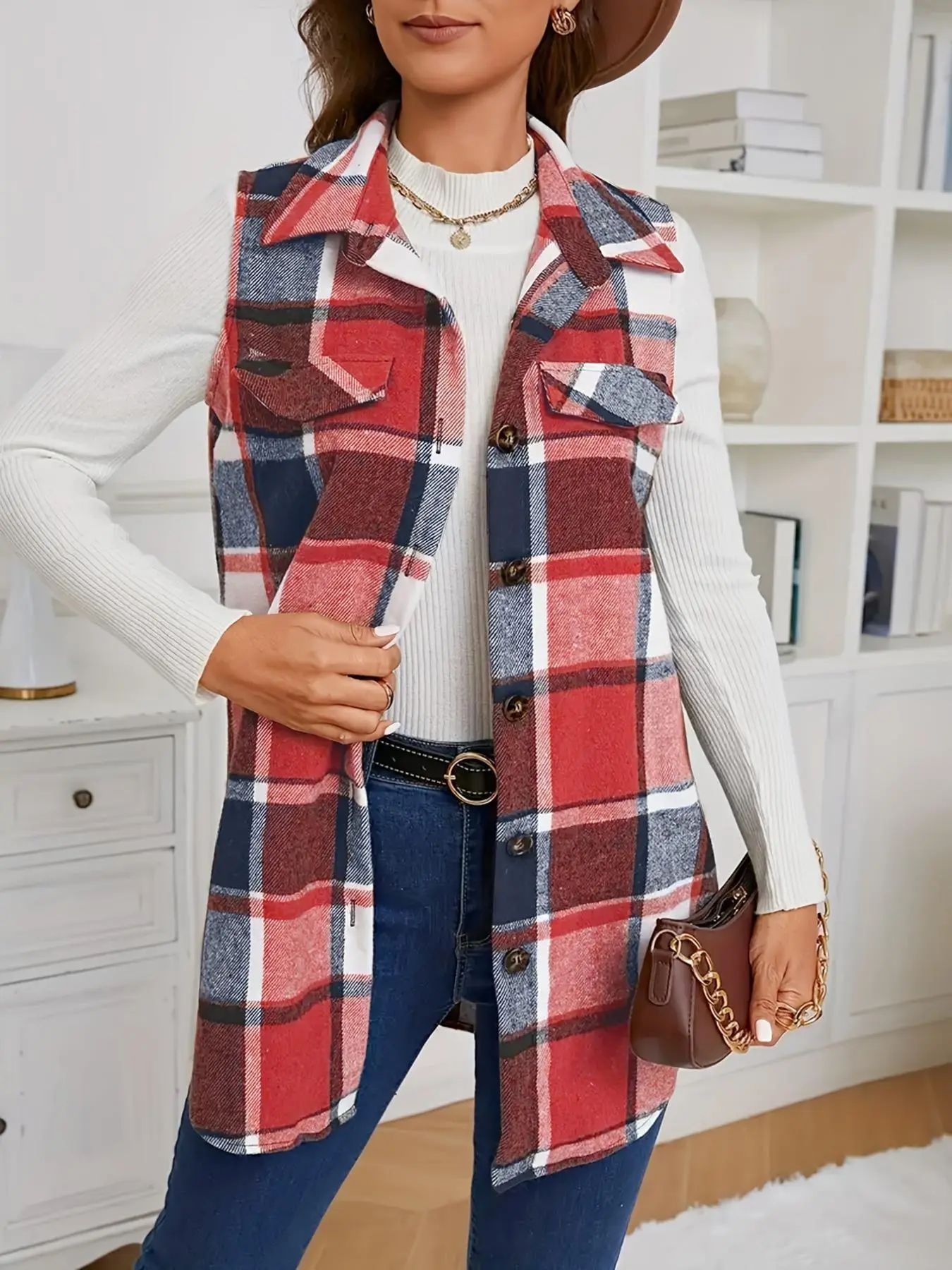 Women's Plaid-Print Button-Front Fitted Vest Coat Tops