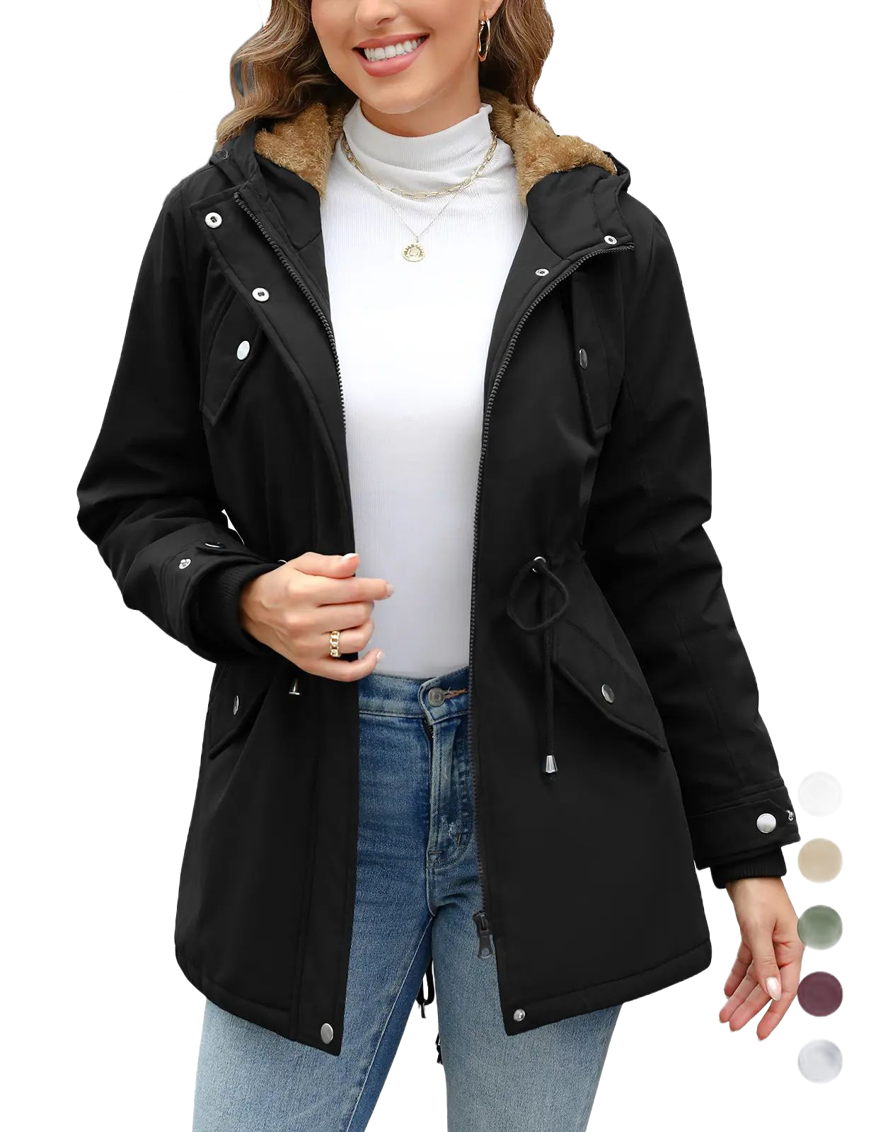 Women's Thick Fleece Waterproof Hooded Rain Jacket