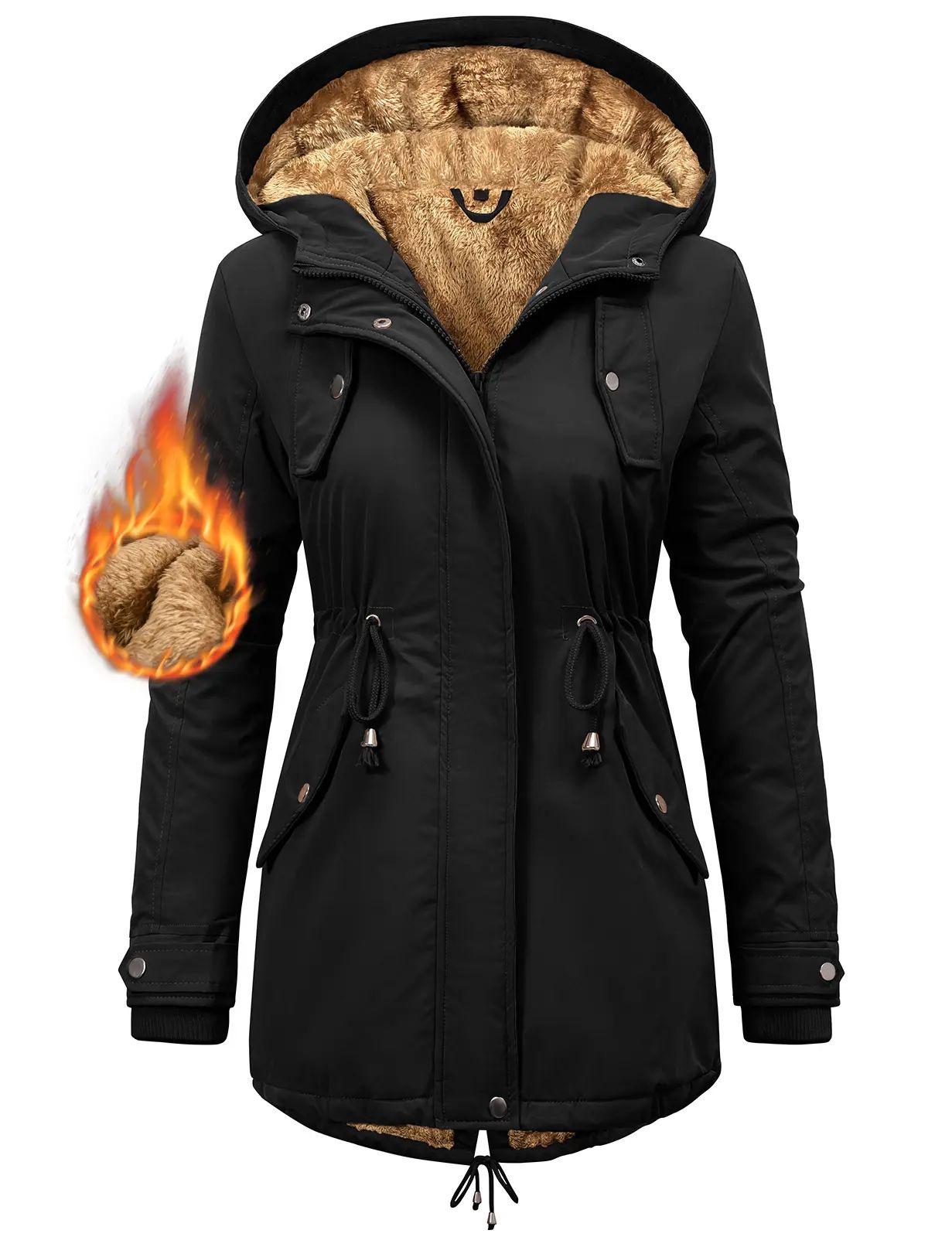Women's Thick Fleece Waterproof Hooded Rain Jacket