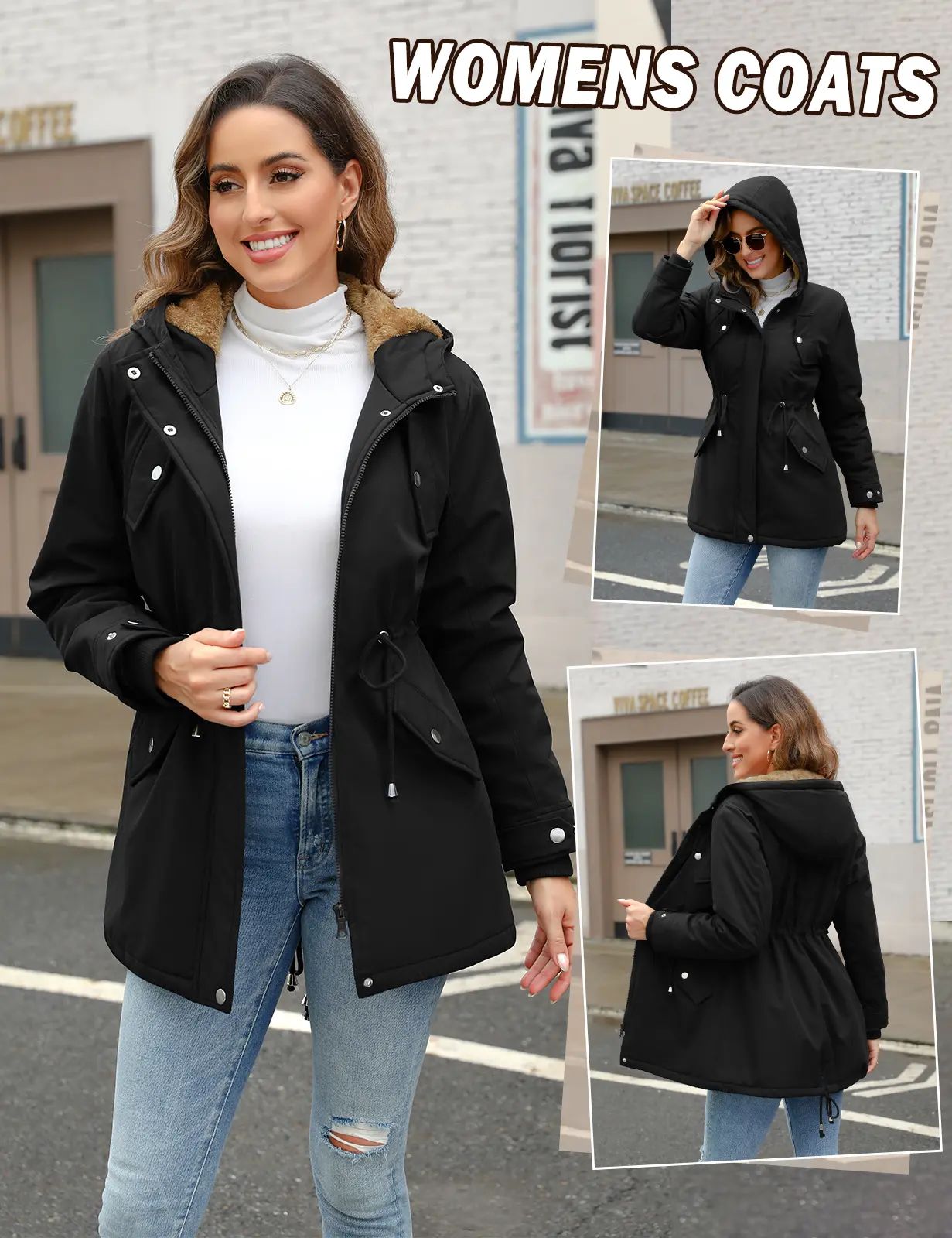 Women's Thick Fleece Waterproof Hooded Rain Jacket