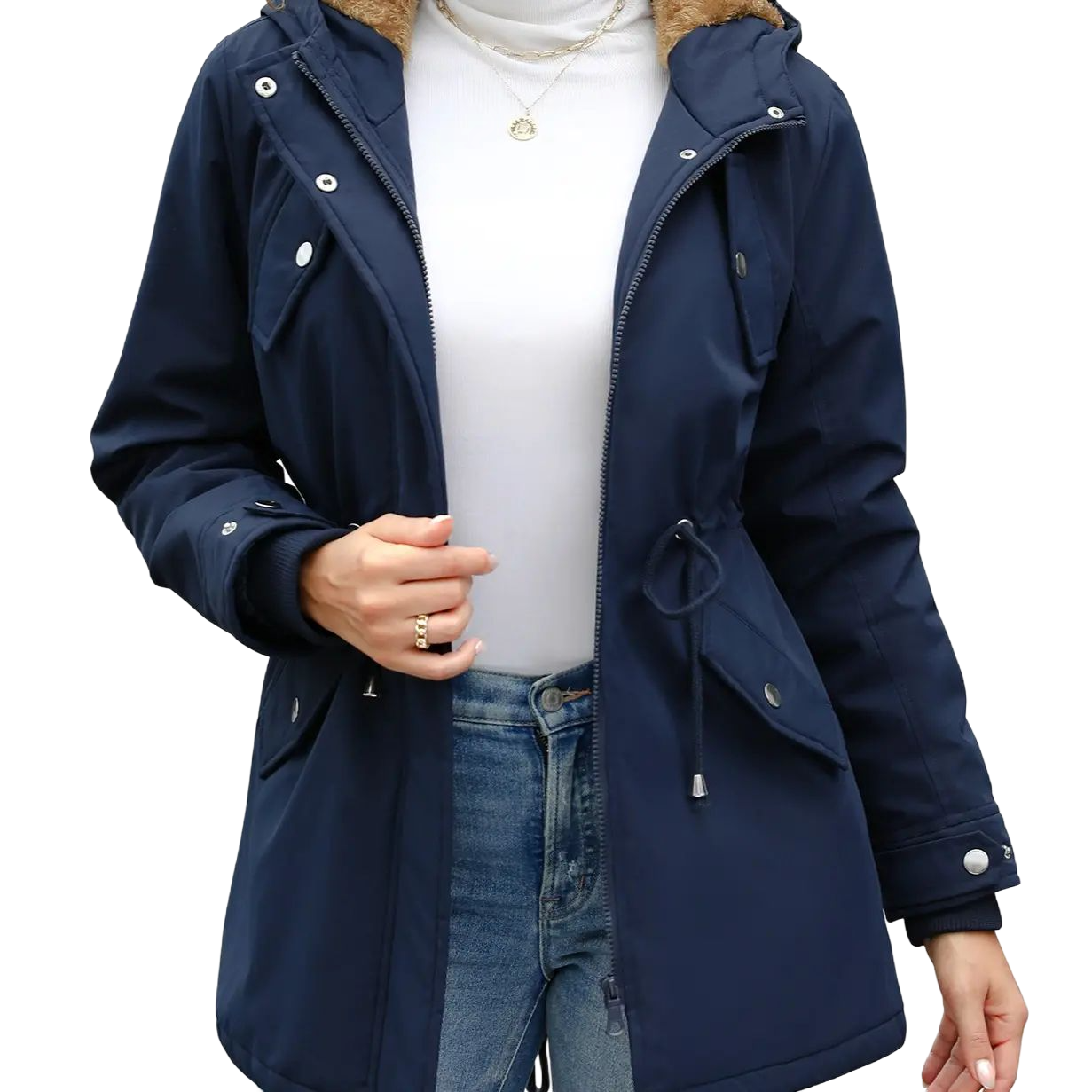 Women's Thick Fleece Waterproof Hooded Rain Jacket