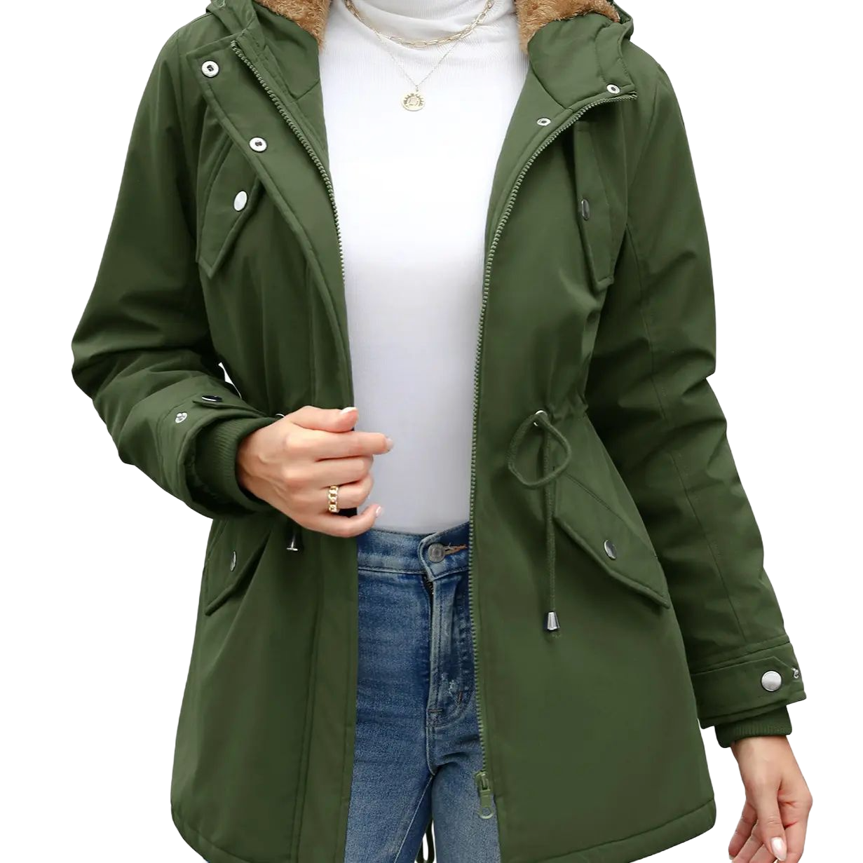 Women's Thick Fleece Waterproof Hooded Rain Jacket