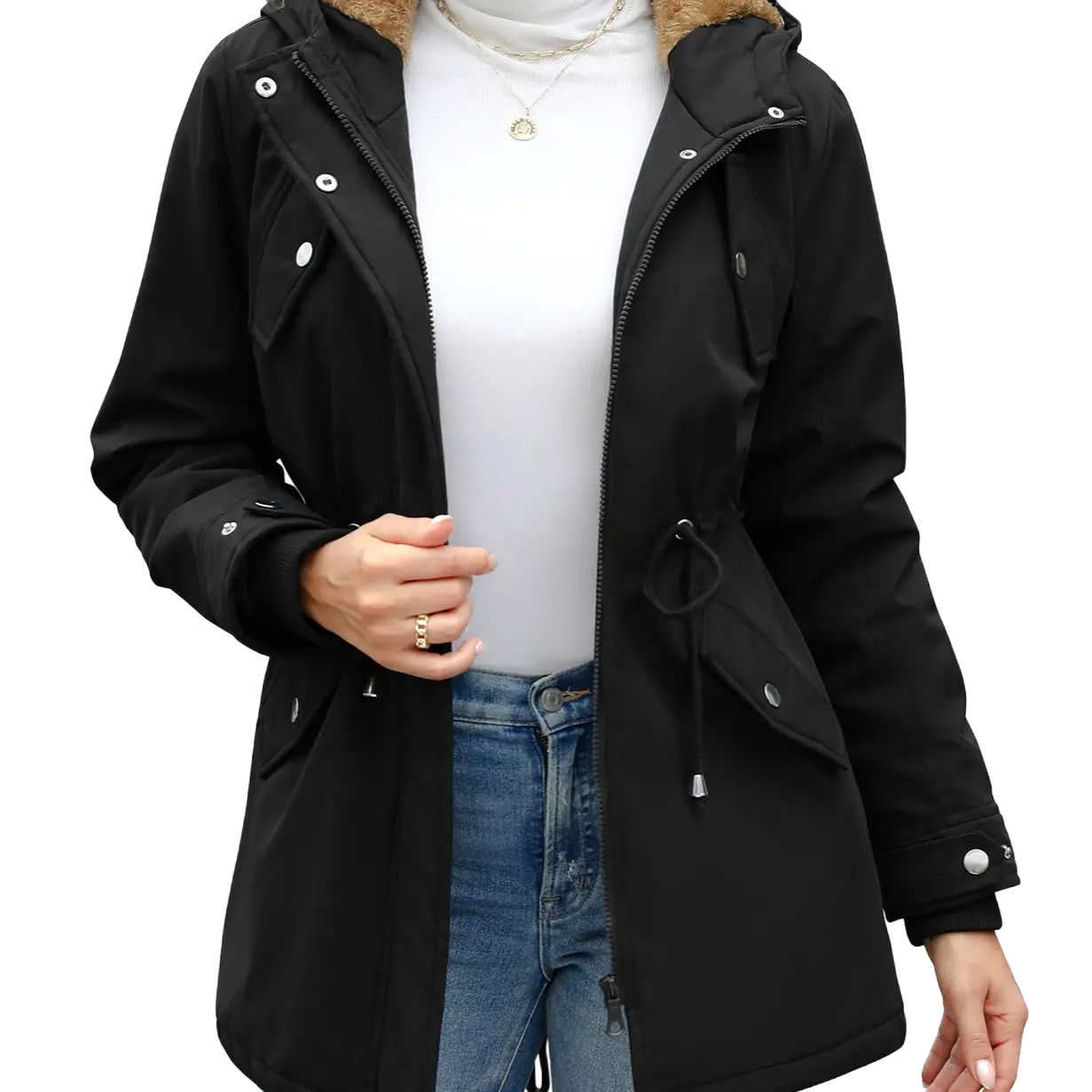 Women's Thick Fleece Waterproof Hooded Rain Jacket