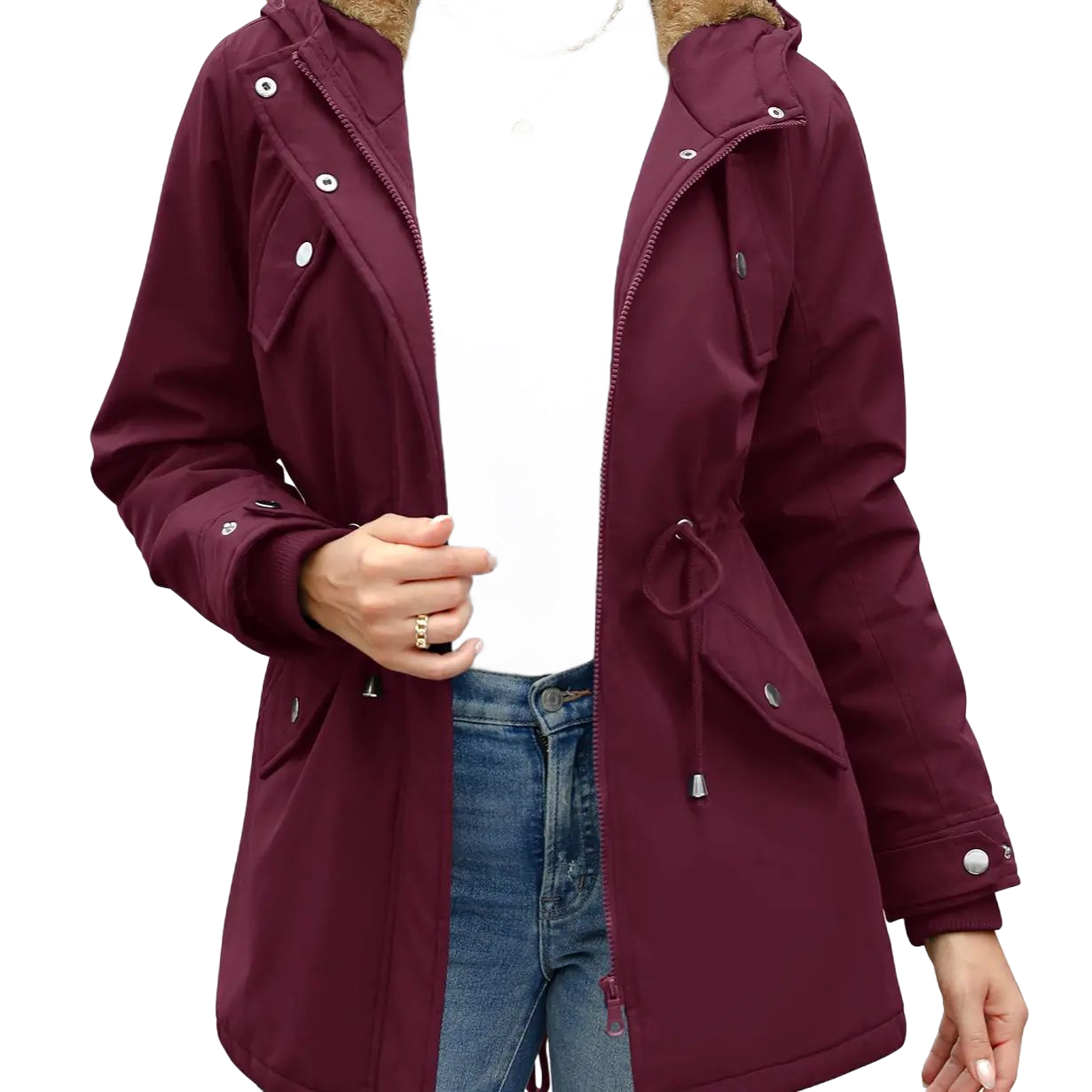 Women's Thick Fleece Waterproof Hooded Rain Jacket