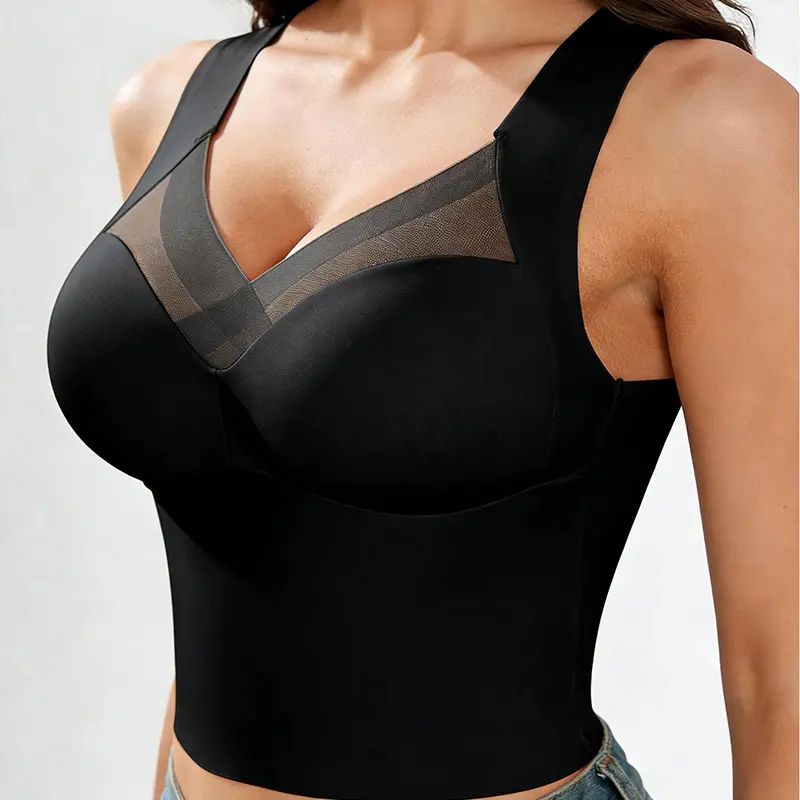 Women's Luxury Seamless Longline Bra | Sophisticated Mesh Plunge V-Neck Wirefree Bralette | Premium Smoothing Shapewear Crop Top with Built-In Support | Elegant Wide Strap Push Up Everyday Camisole | Invisible High-End Basics