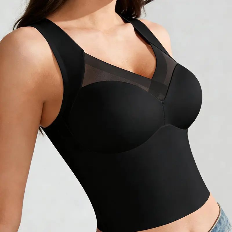 Women's Luxury Seamless Longline Bra | Sophisticated Mesh Plunge V-Neck Wirefree Bralette | Premium Smoothing Shapewear Crop Top with Built-In Support | Elegant Wide Strap Push Up Everyday Camisole | Invisible High-End Basics