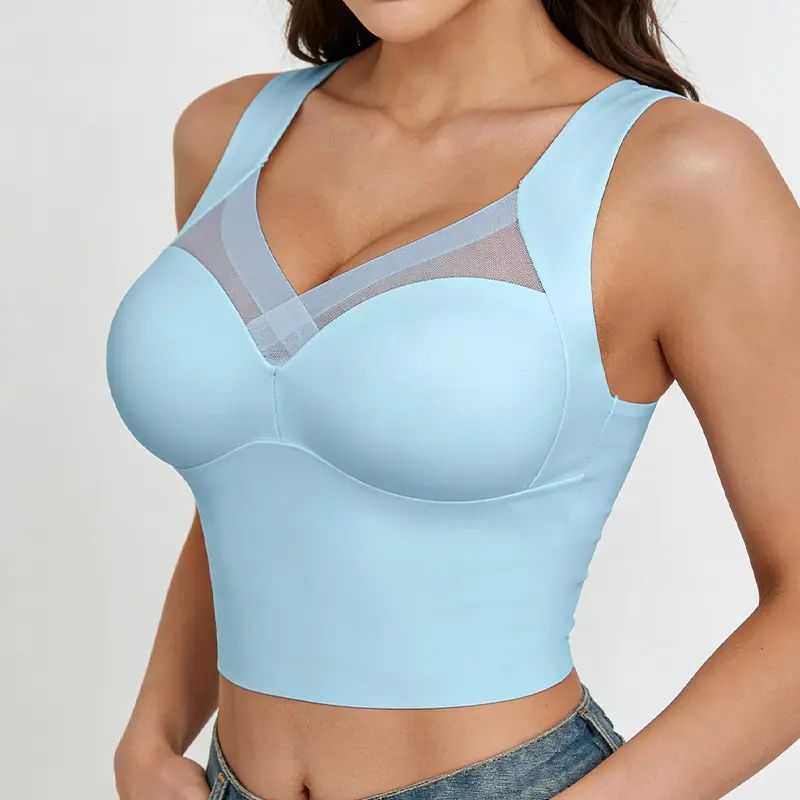 Women's Luxury Seamless Longline Bra | Sophisticated Mesh Plunge V-Neck Wirefree Bralette | Premium Smoothing Shapewear Crop Top with Built-In Support | Elegant Wide Strap Push Up Everyday Camisole | Invisible High-End Basics