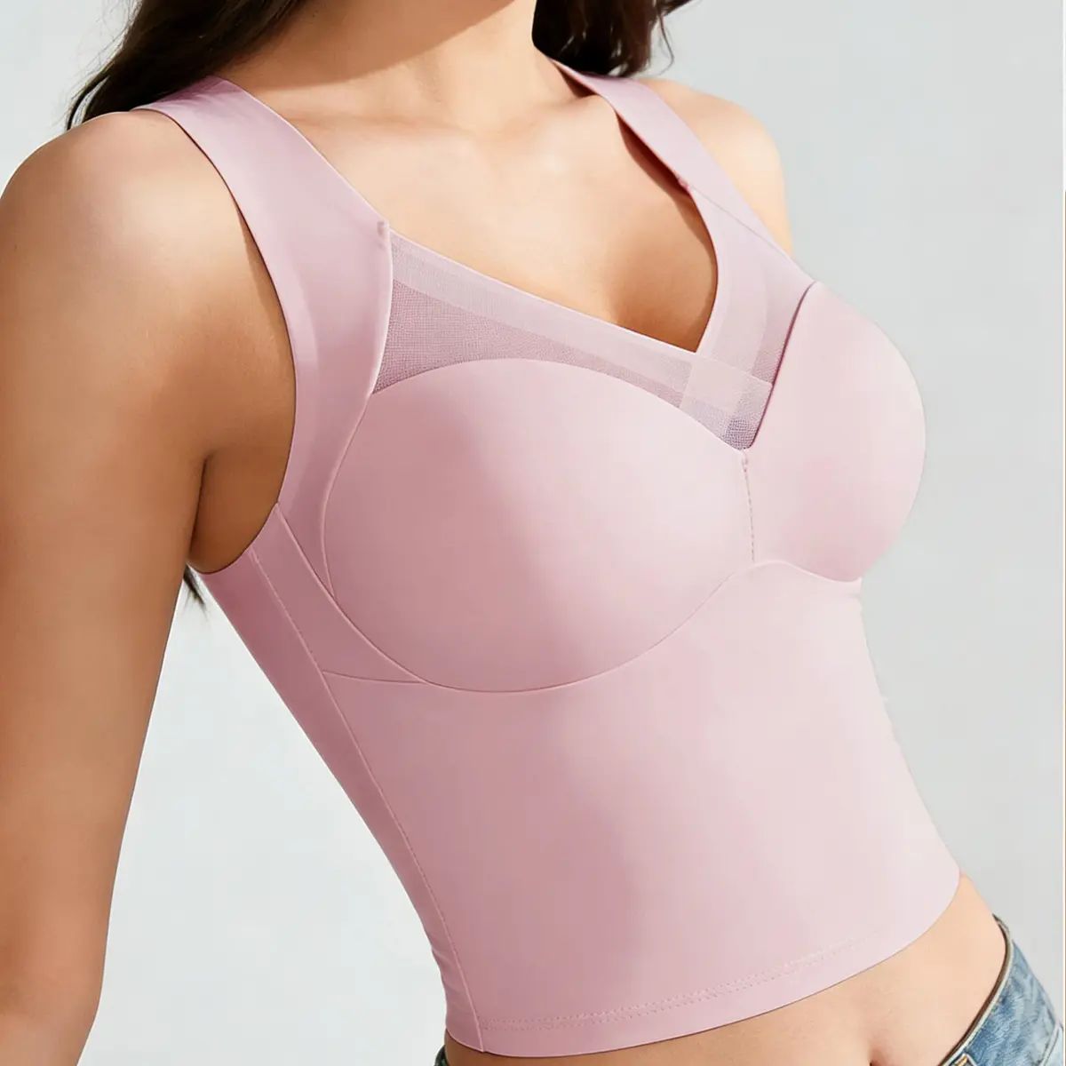 Women's Luxury Seamless Longline Bra | Sophisticated Mesh Plunge V-Neck Wirefree Bralette | Premium Smoothing Shapewear Crop Top with Built-In Support | Elegant Wide Strap Push Up Everyday Camisole | Invisible High-End Basics