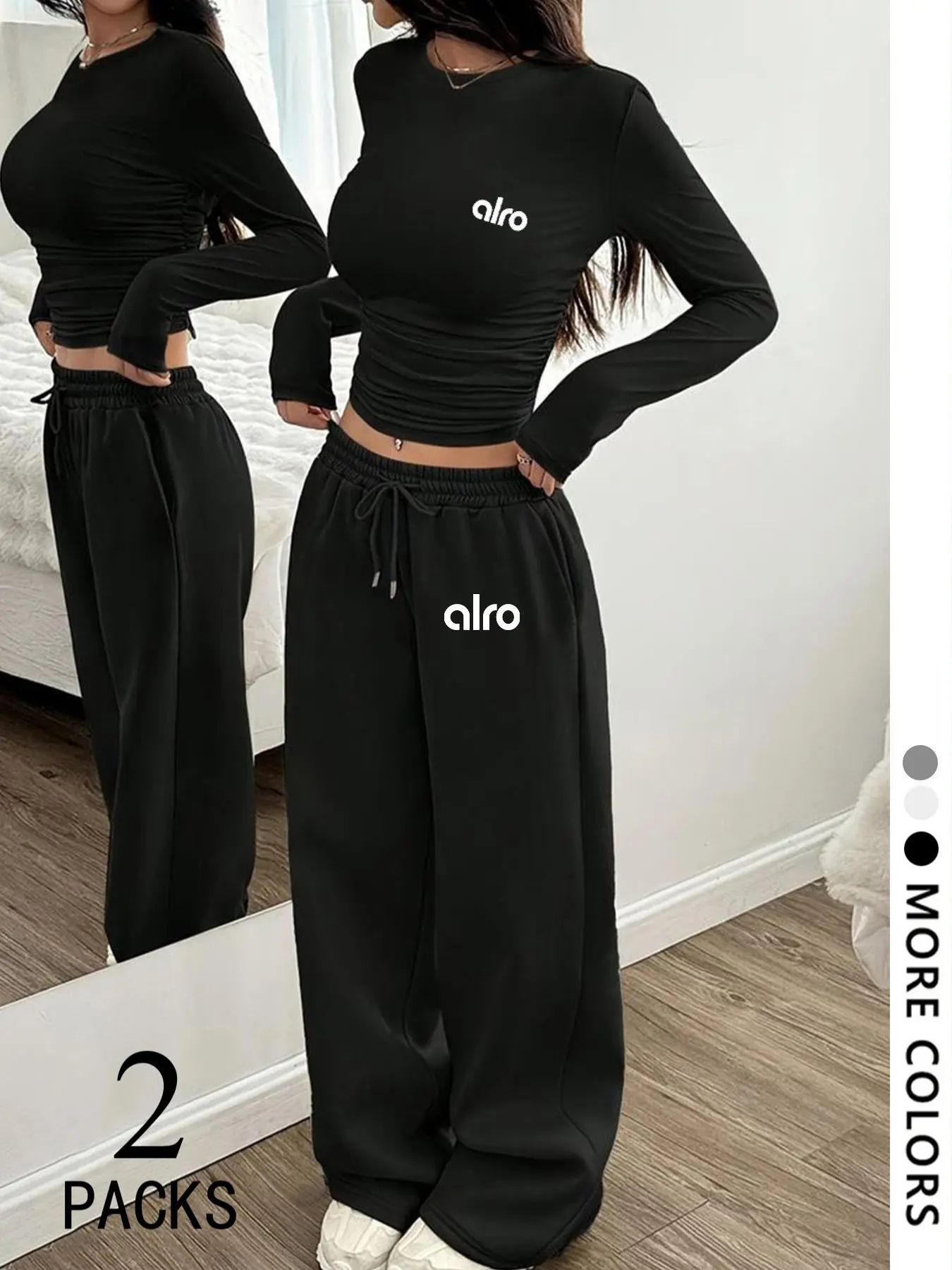 Women's Two-Piece Set, European Style Round Neck Long Sleeve Top, Straight Leg Pants, Comfortable Fabric.