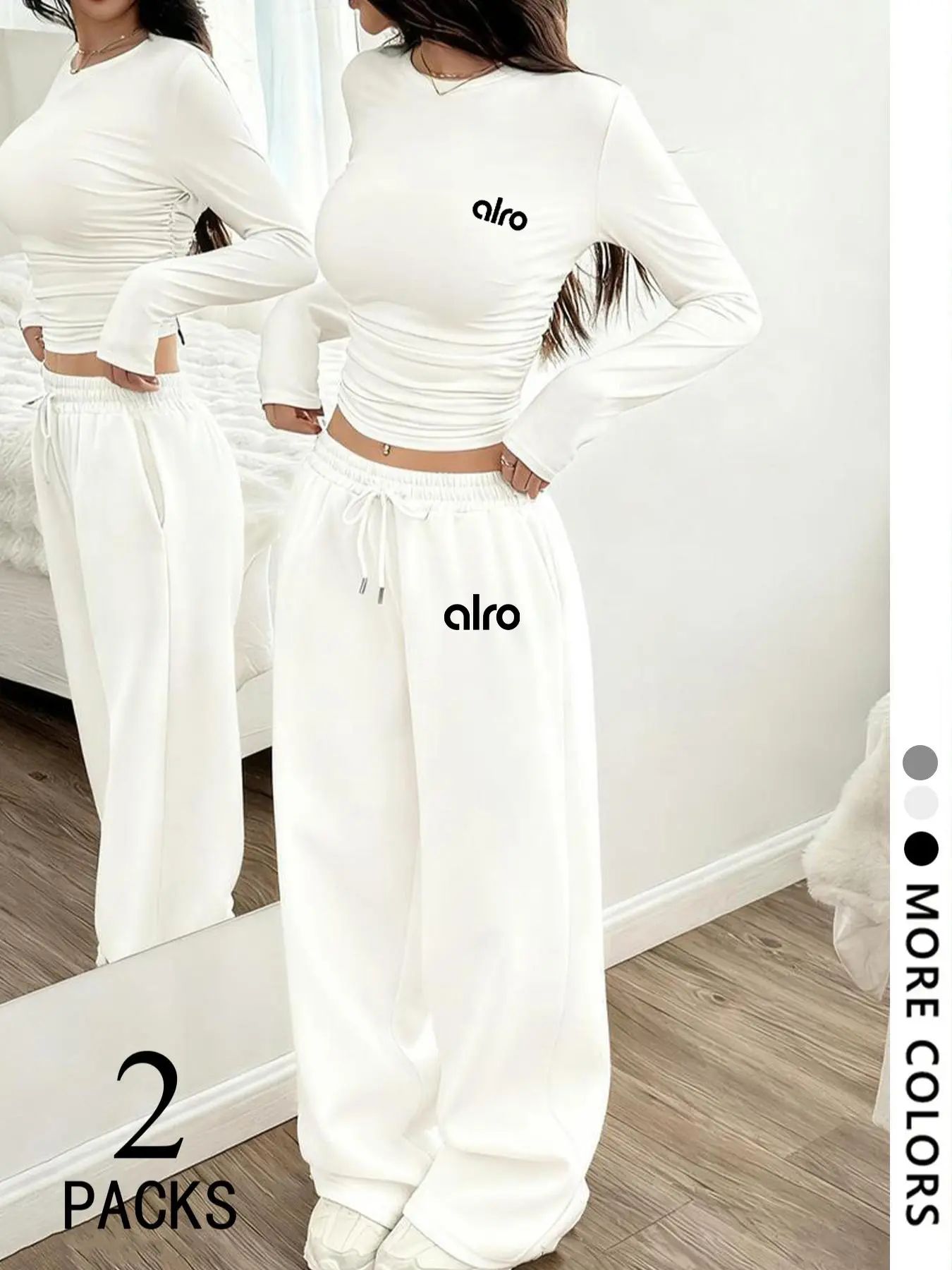 Women's Two-Piece Set, European Style Round Neck Long Sleeve Top, Straight Leg Pants, Comfortable Fabric.