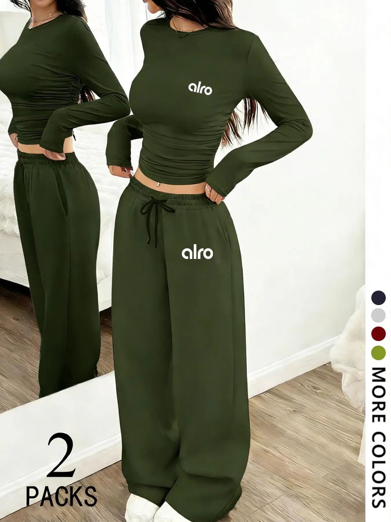 Women's Two-Piece Set, European Style Round Neck Long Sleeve Top, Straight Leg Pants, Comfortable Fabric.