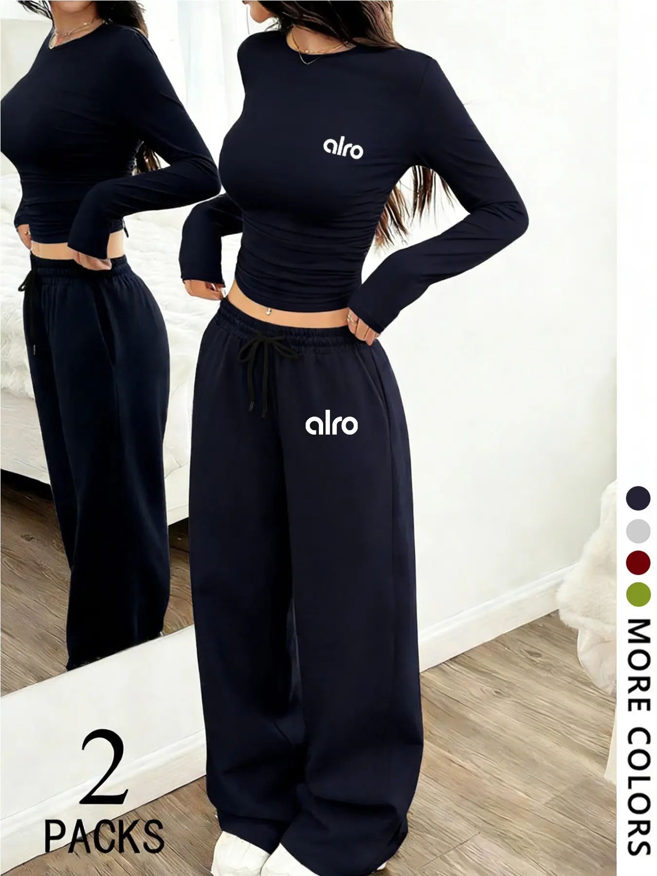 Women's Two-Piece Set, European Style Round Neck Long Sleeve Top, Straight Leg Pants, Comfortable Fabric.